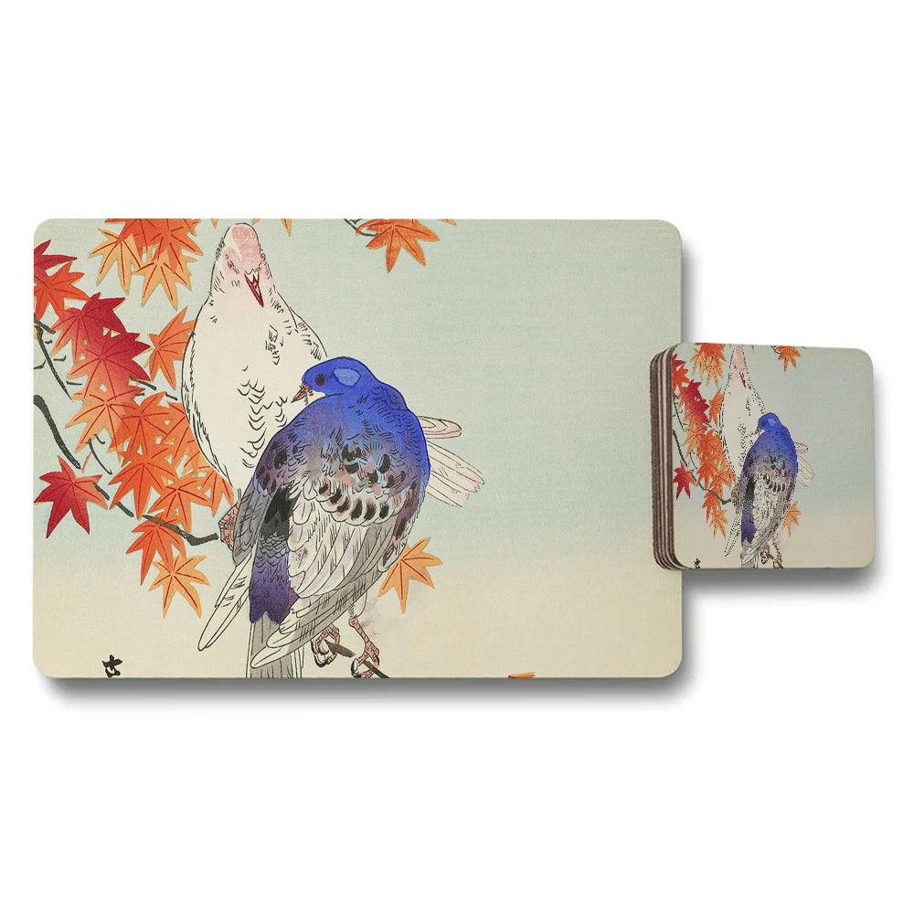 Rackhams Blue/Purple/Orange Birds On Maple Leaves Placemat And Coaster Set For Dining Table