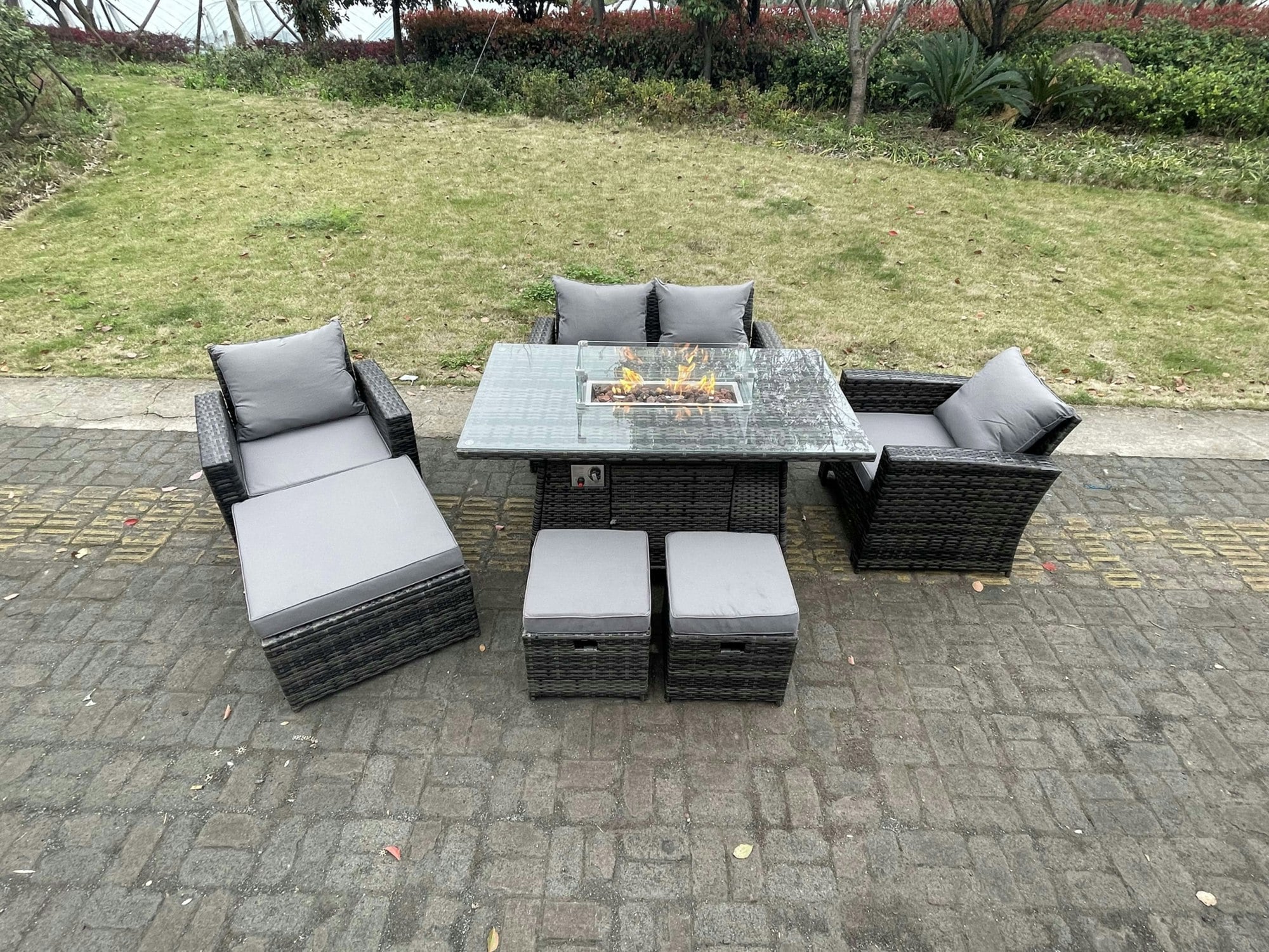 Rackhams Dark/Grey Rattan Outdoor Furniture Gas Fire Pit Rectangle Dining Table Gas Heater Chairs Two Seater Love Sofa Sets 3 Footstools 7 Seater