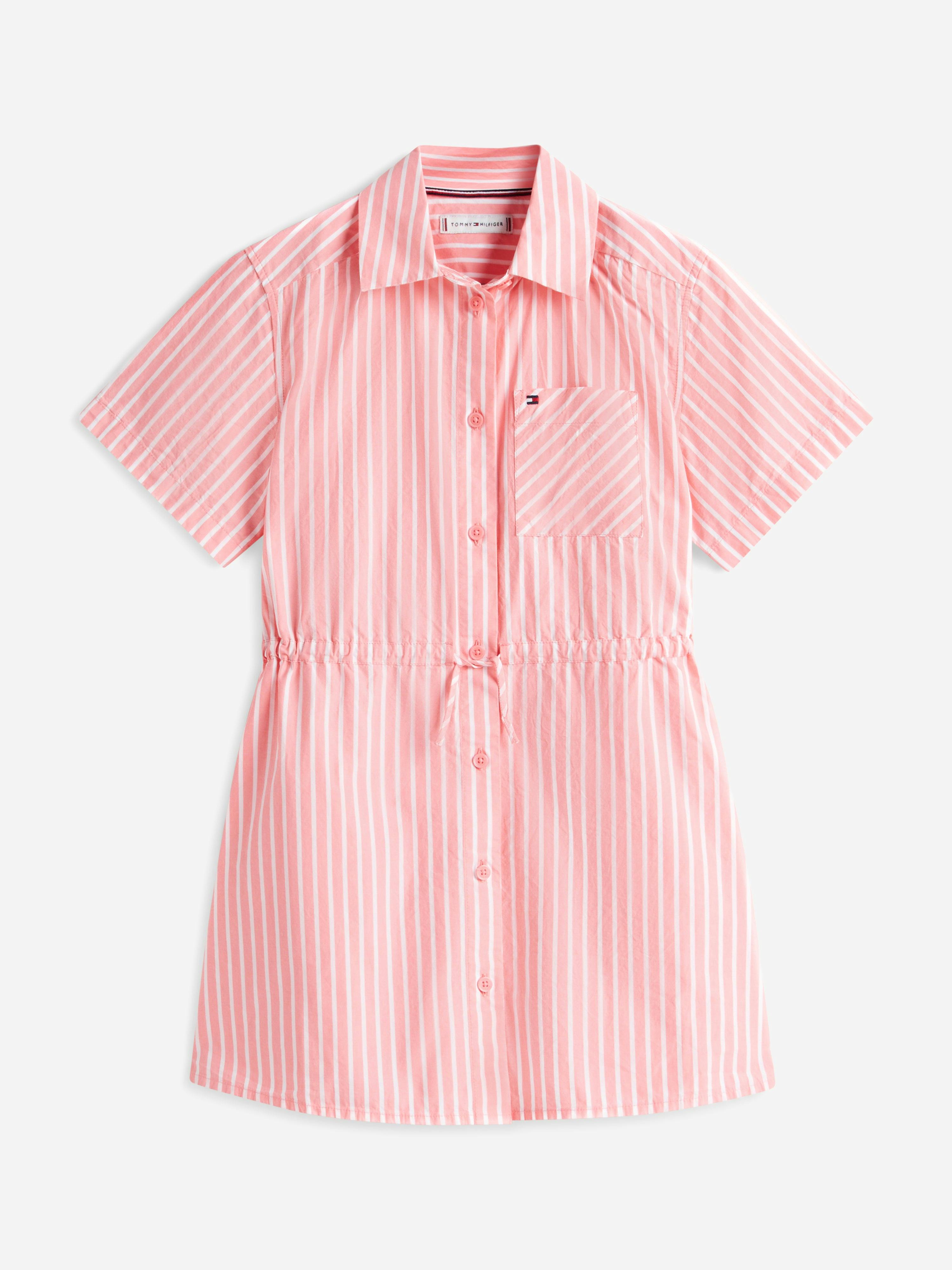 Tommy Hilfiger Girls Pink Poplin Striped Shirt Dress In - 5 Yrs