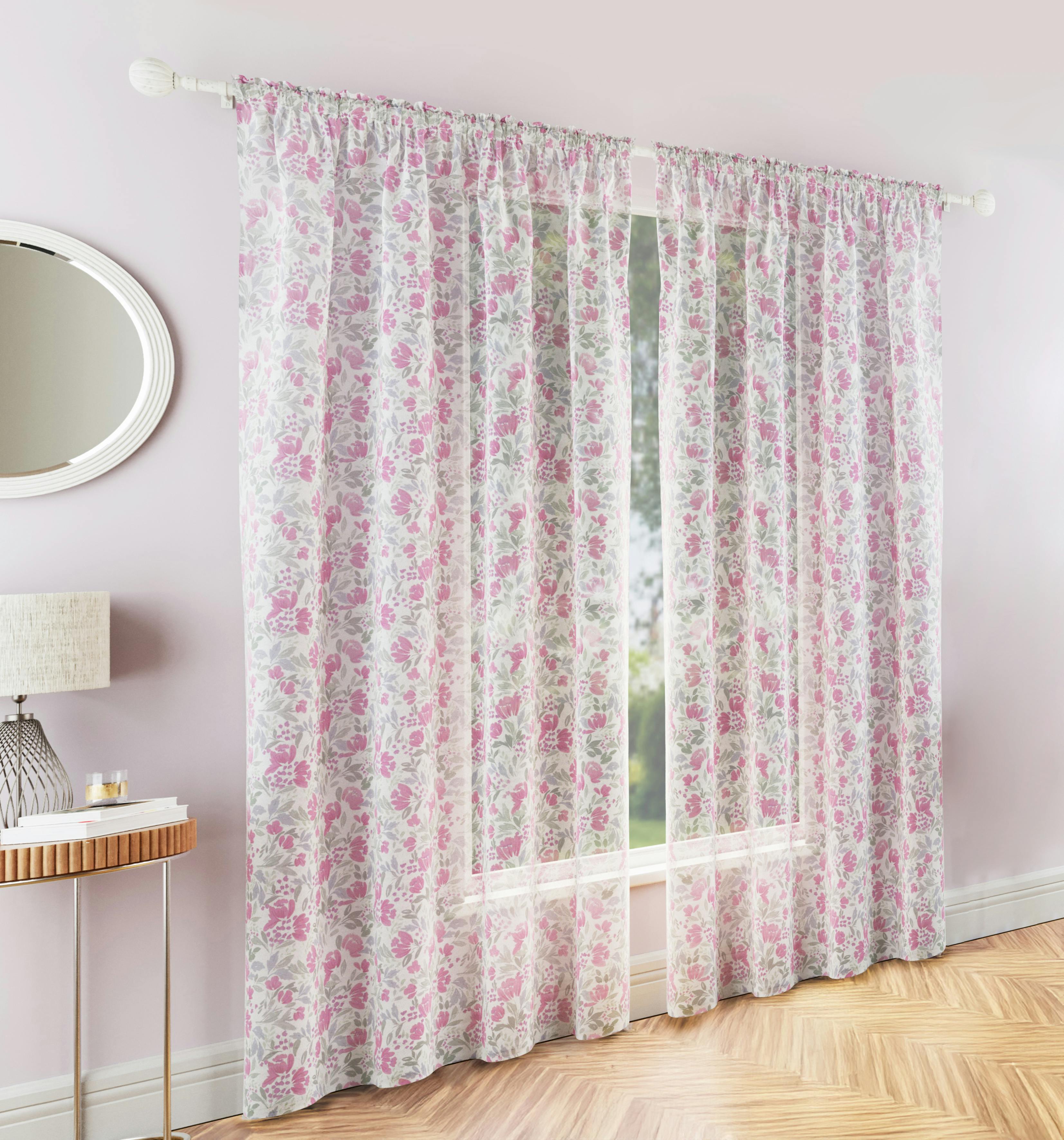 Rackhams Pink Floral Print Voile Panels Pair With Rod Pocket Header - 55" (140Cm) Width X 48" (122Cm) Drop