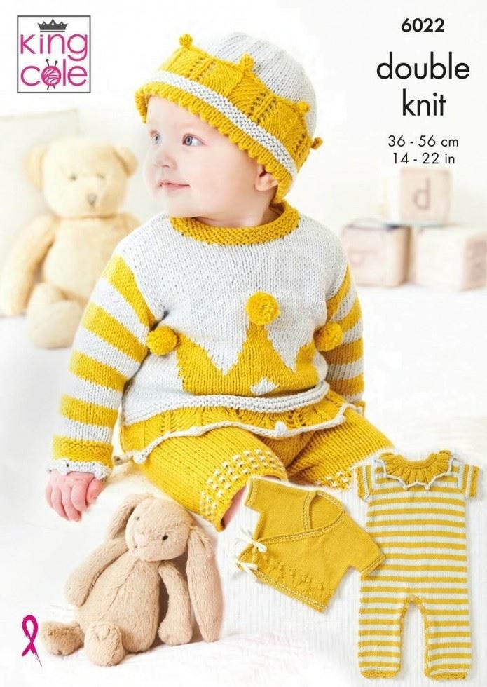King Cole Cottonsoft Dk Knitting Pattern 6022, Bodysuits, Cardigans, Sweaters, Shorts, Headwear For Baby, 14 - 22 Inches