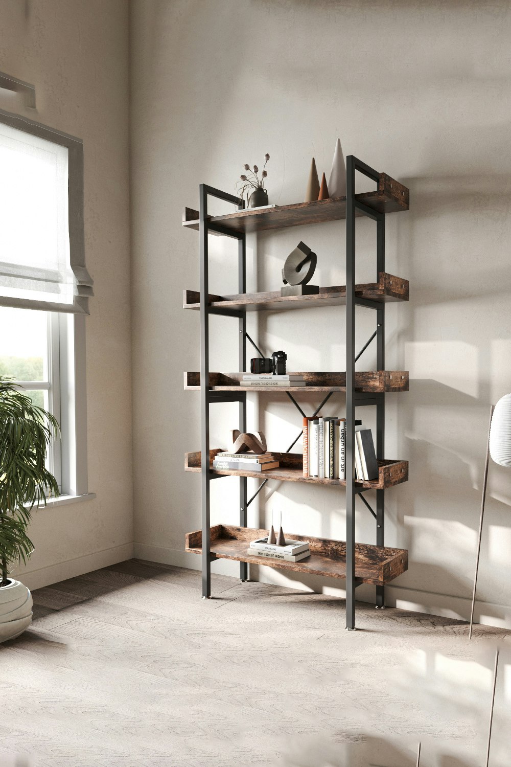 Living And Home Brown 5 Tier Industrial Shelving Unit Bookcase