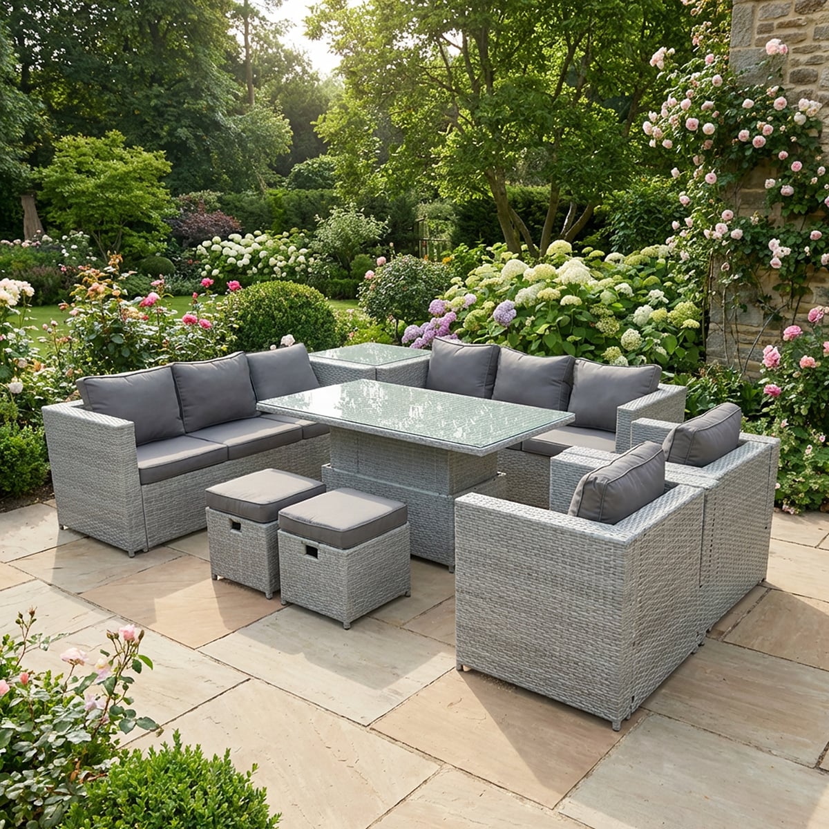 Rackhams Light/Grey Rattan Garden Furniture Set With Height Adjustable Rising Table, 2 Sofas, 2 Chairs, 1 Side Table & 2 Stools - 10 Seater