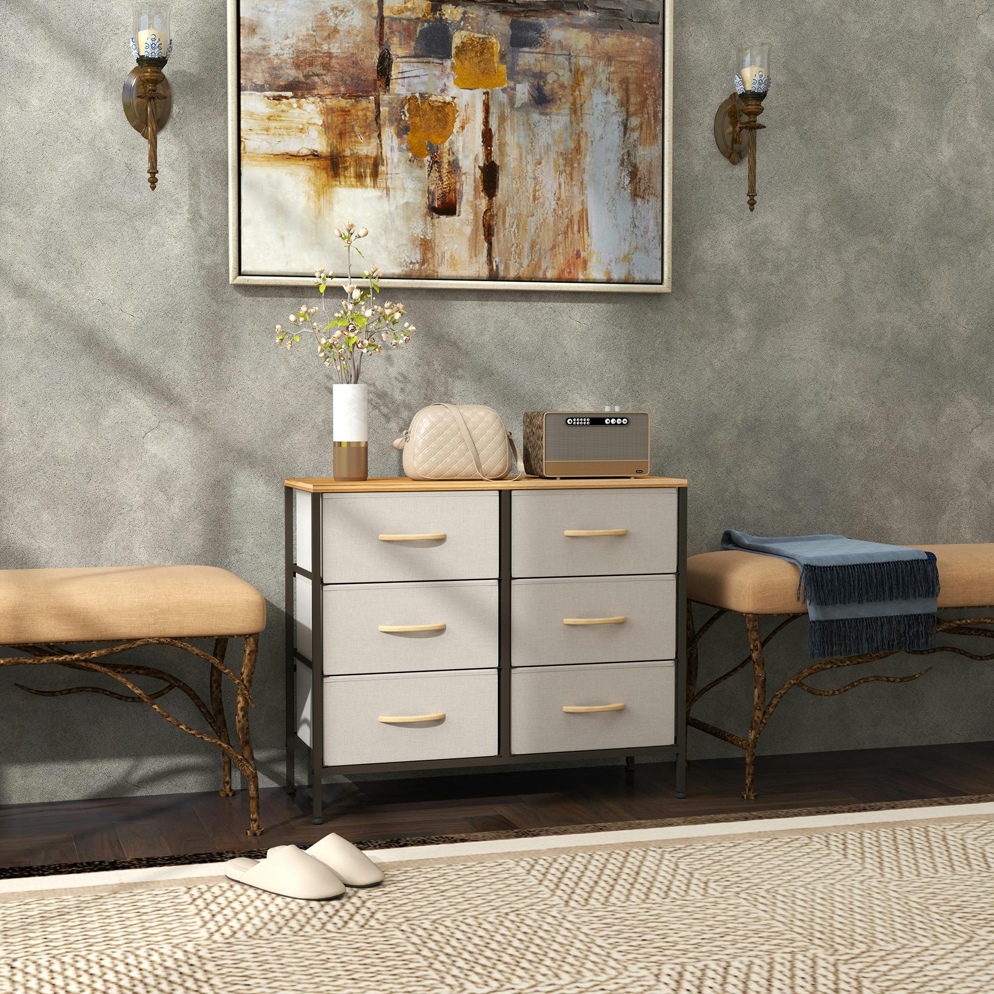 Homcom Cream 6 Drawer Fabric Chest Of Drawers W/ Wooden Top For Hallway - 6