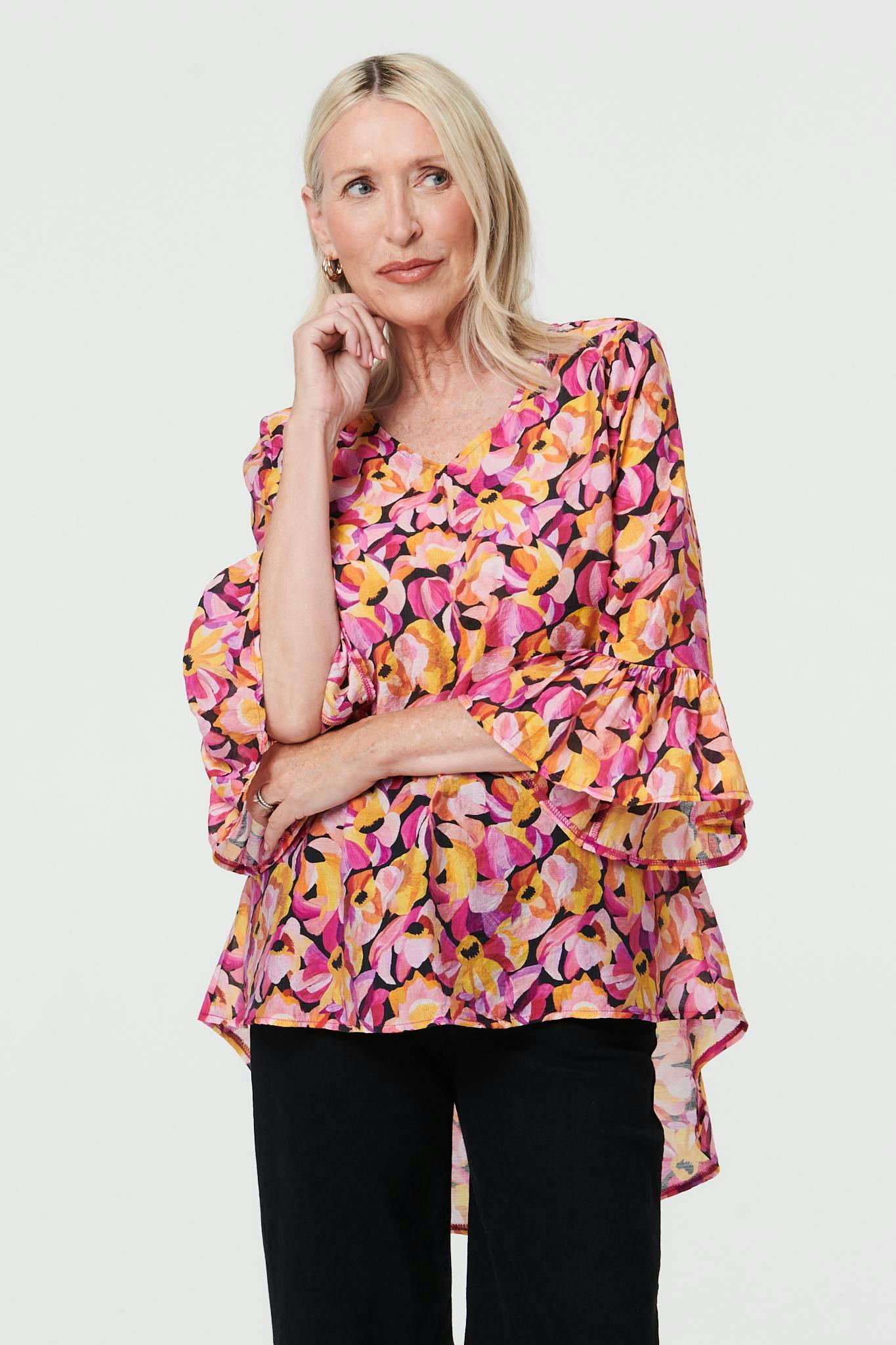 Izabel London Pink Floral Relaxed 3/4 Flared Sleeve Blouse - 8