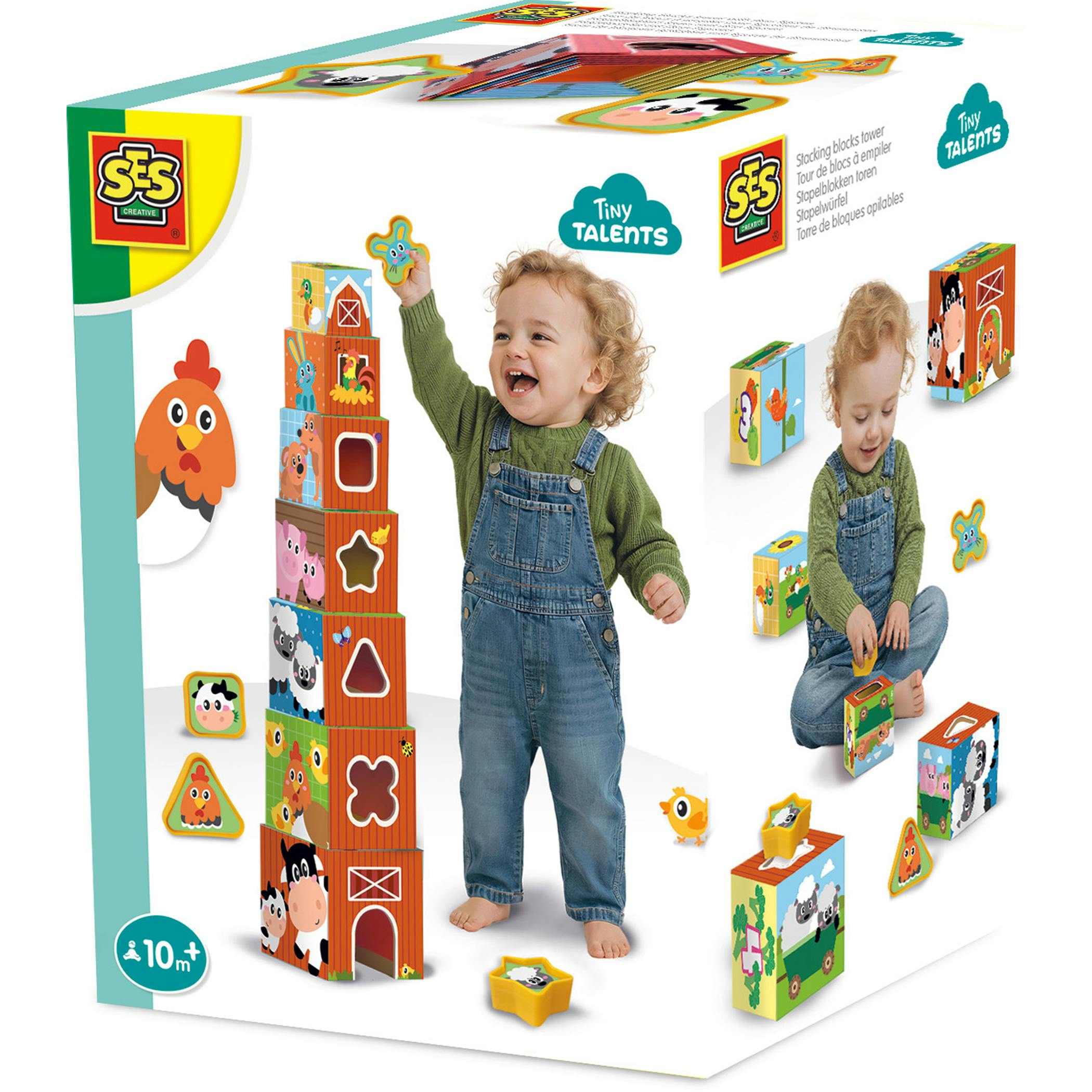 Ses Creative Brown Stacking Blocks Tower And Shape Sorter 2 In 1 - Farm Animals - Wood - 1 - Na
