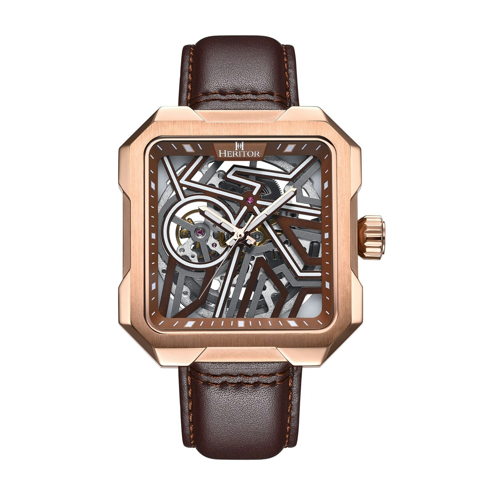 Heritor Automatic Gold/Brown Campbell Leather-Band Skeleton Watch - Rose