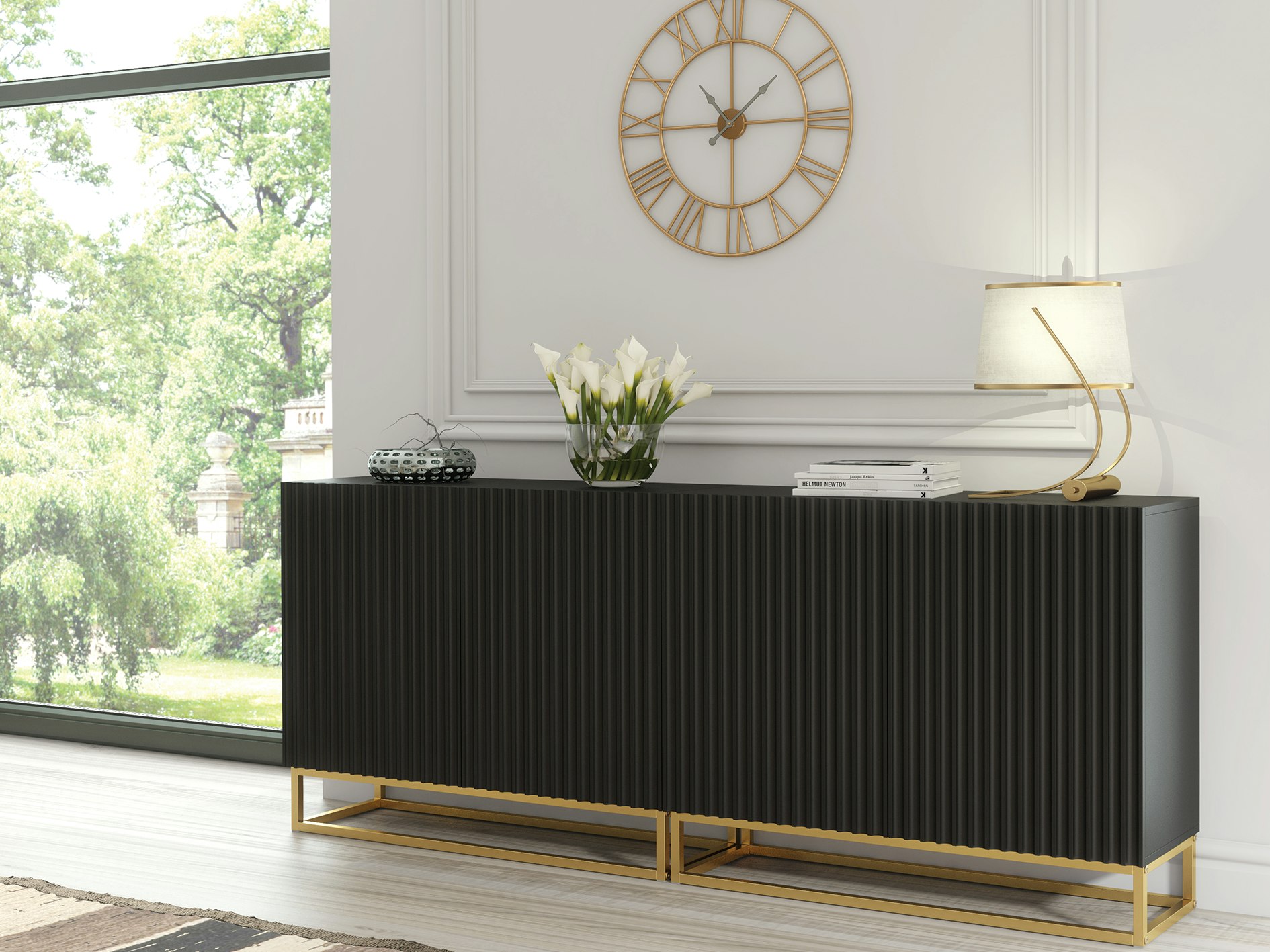 Rackhams Black/Gold Sophisticated Sideboard With Fluted Fronts & Legs – 200Cm Storage Unit - 200 Cm - Mdf/Chipboard