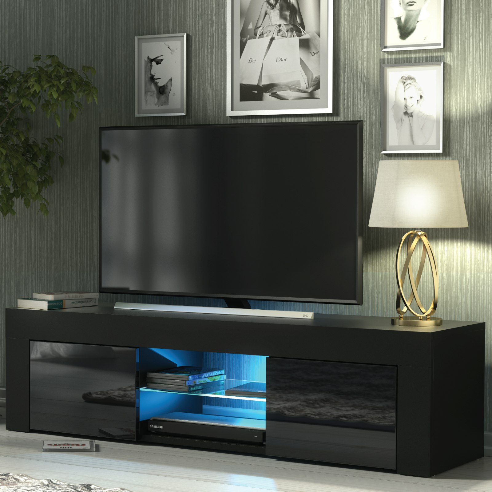 Rackhams Black 130Cm Tv Unit Cabinet Tv Stand With High Gloss Doors - 130 Cm - 1 - Mdf/Chipboard