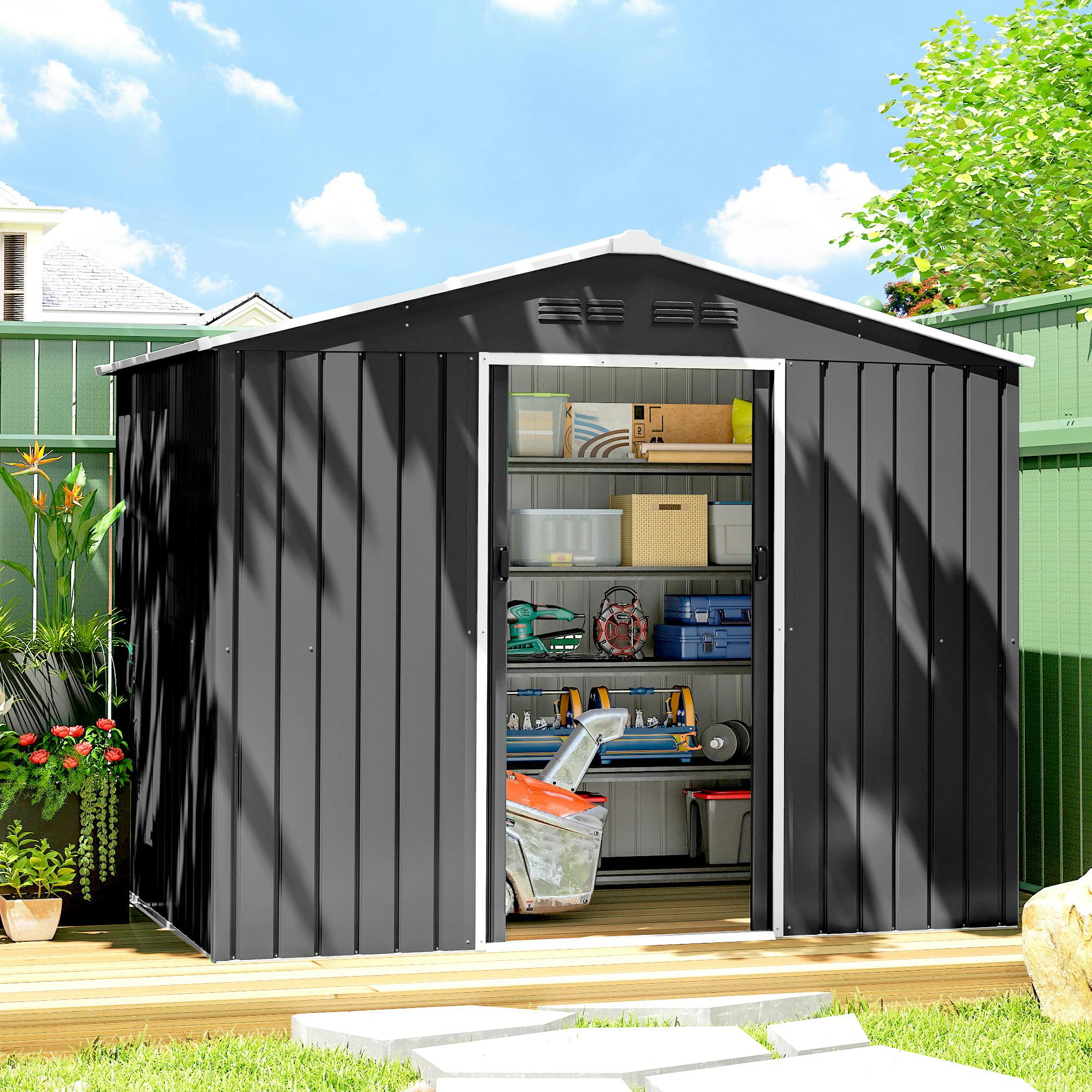Outsunny Dark/Grey 8 X 6Ft Garden Storage Shed With Double Door,
