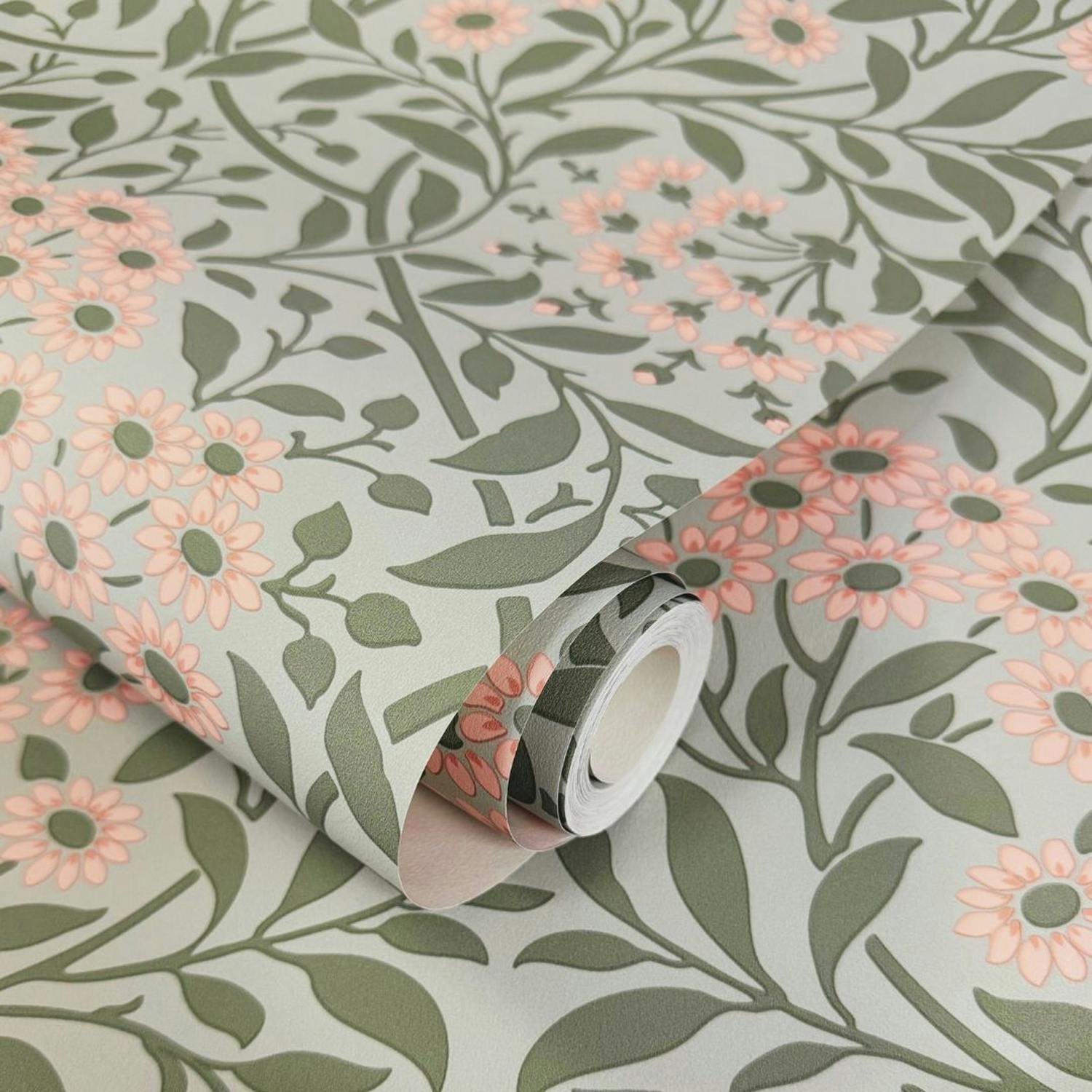 World Of Wallpaper Green/Pink Botanical Damask Wallpaper - Sage - Sage - 10.05M X 0.53M - 100% Mixed