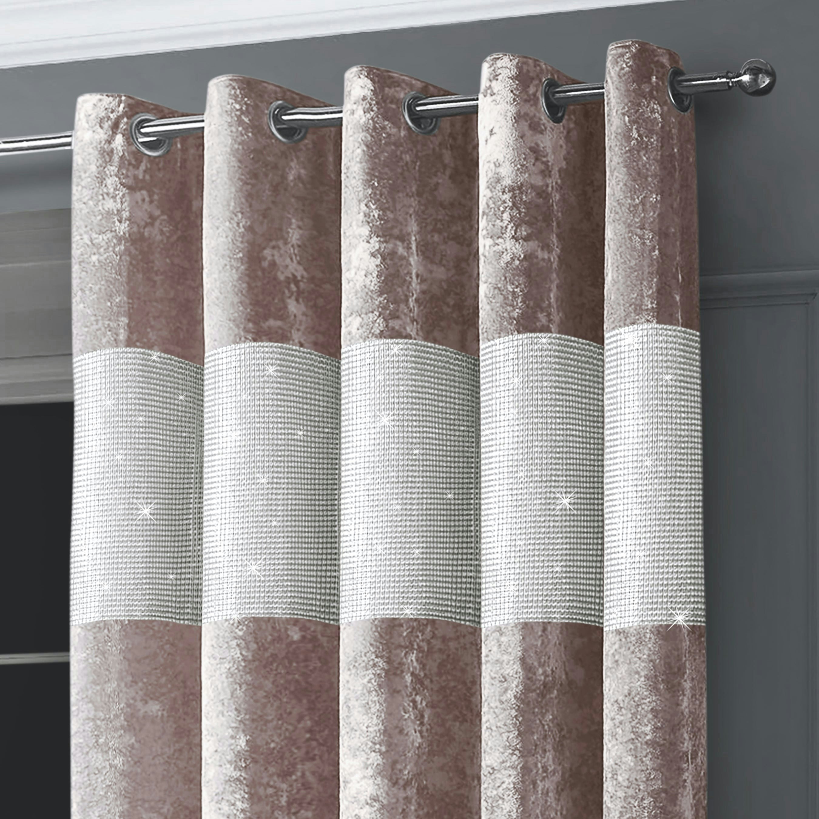 Intimates Diamante Crushed Velvet Ready Made Eyelet Curtains - 117Cm X 137Cm - Blush