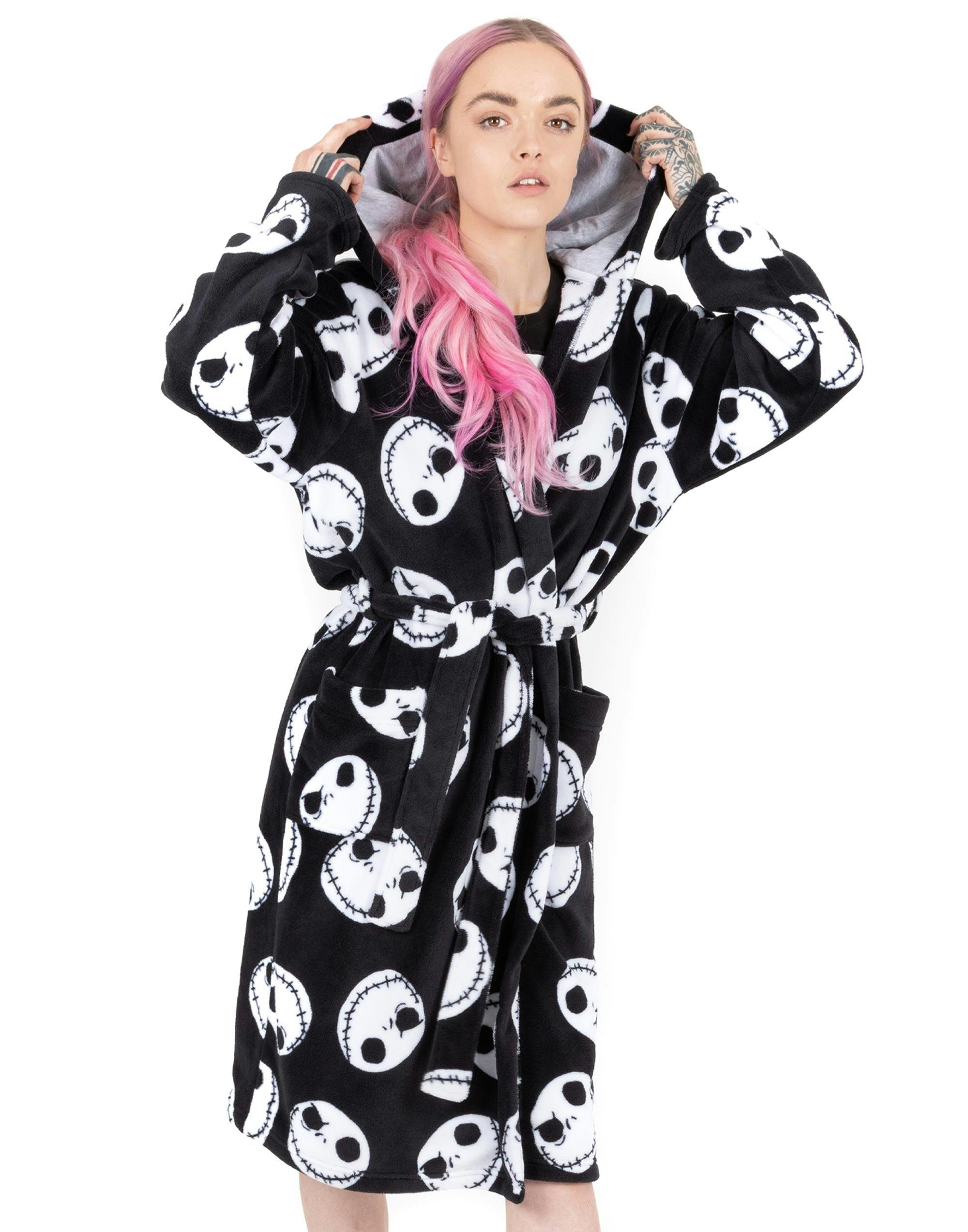 Vanilla Underground Women's Black Disney Jack Skellington Head All-Over Print Bathrobe - Small