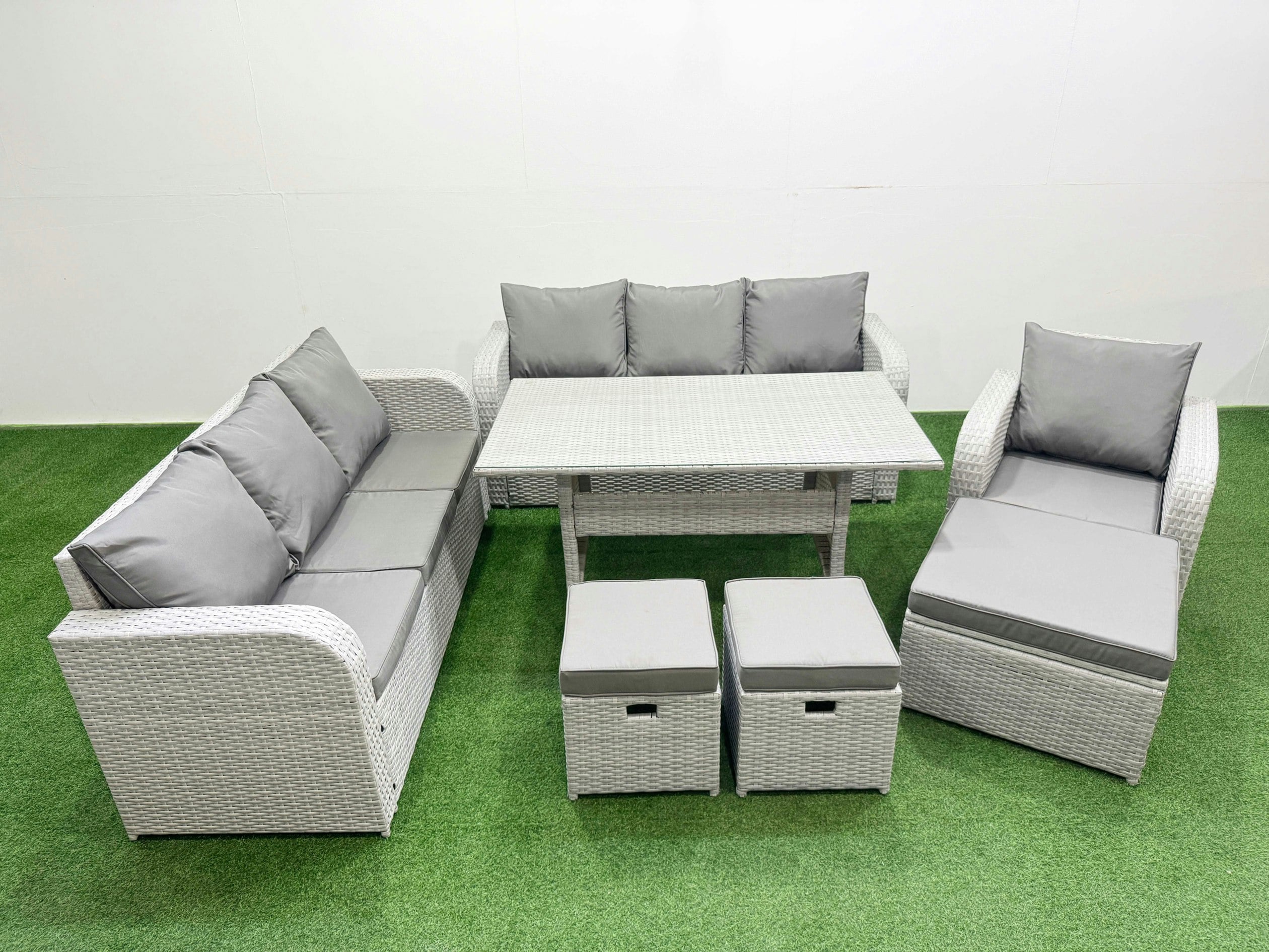 Fimous Light/Grey 10-Seater Poly Rattan Outdoor Dining Sofa Set | Rectangular Table, 2X 3-Seater Sofas, Reclining Chair, 3 Stools