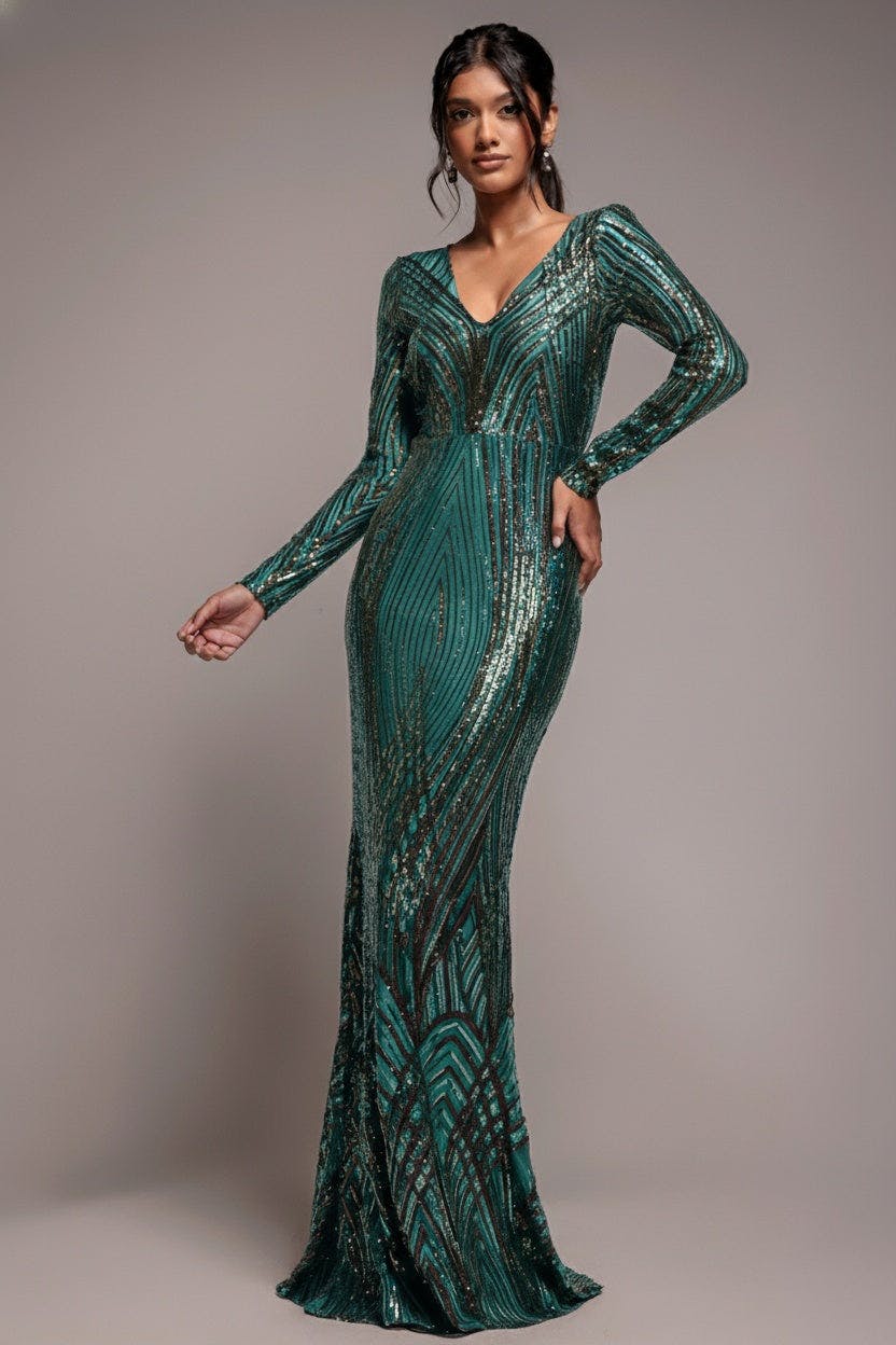 Goddiva Green Two Toned V Neck Sequin Maxi - Emerald By - Emerald - 10