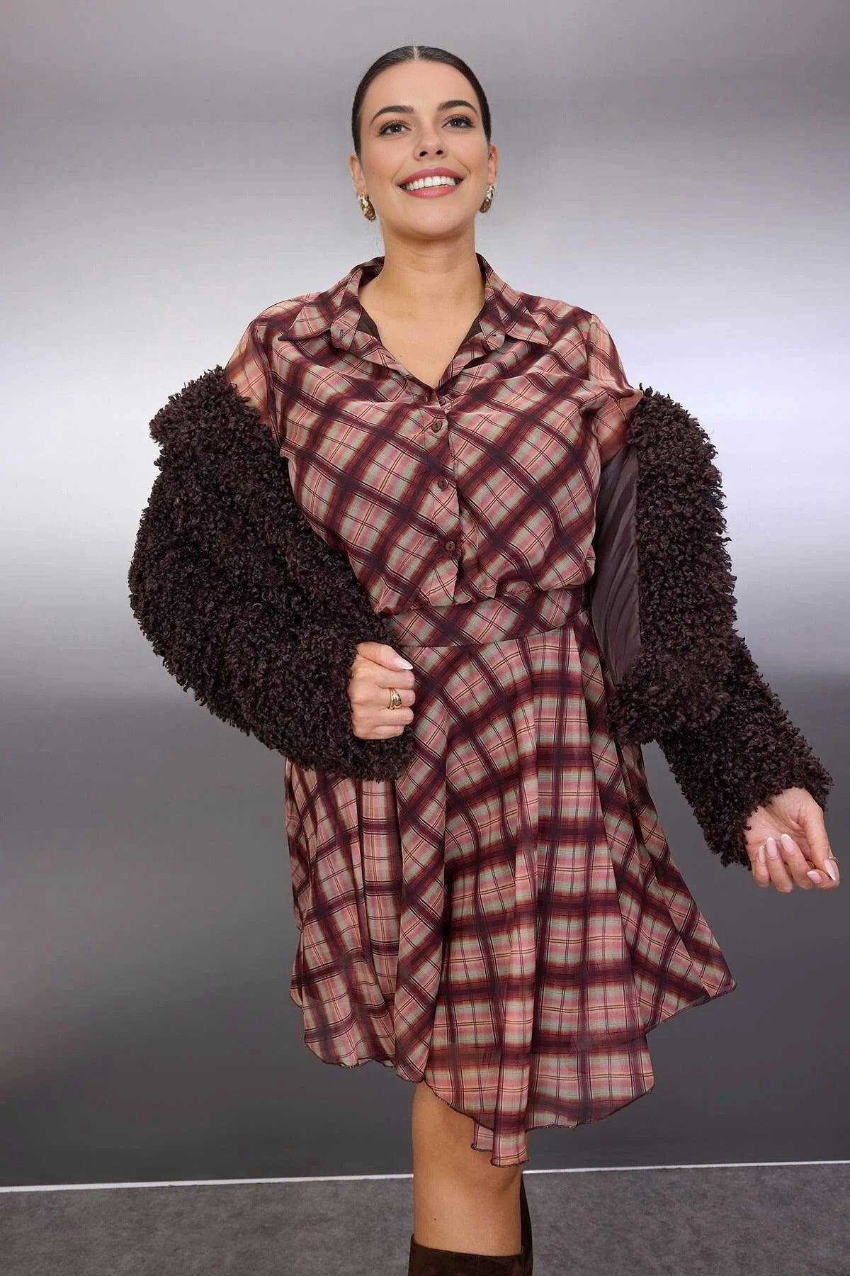 Wovcor Plaid Chiffon Mini Woven Plus Size Dress - Multi - 16