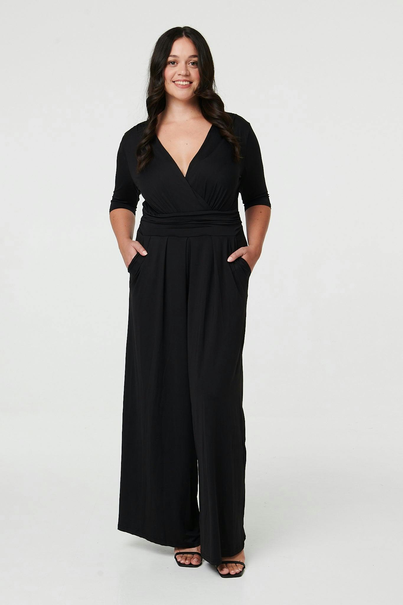 Izabel London Black Curve 1/2 Sleeve Wrap Wide Leg Jumpsuit - 24