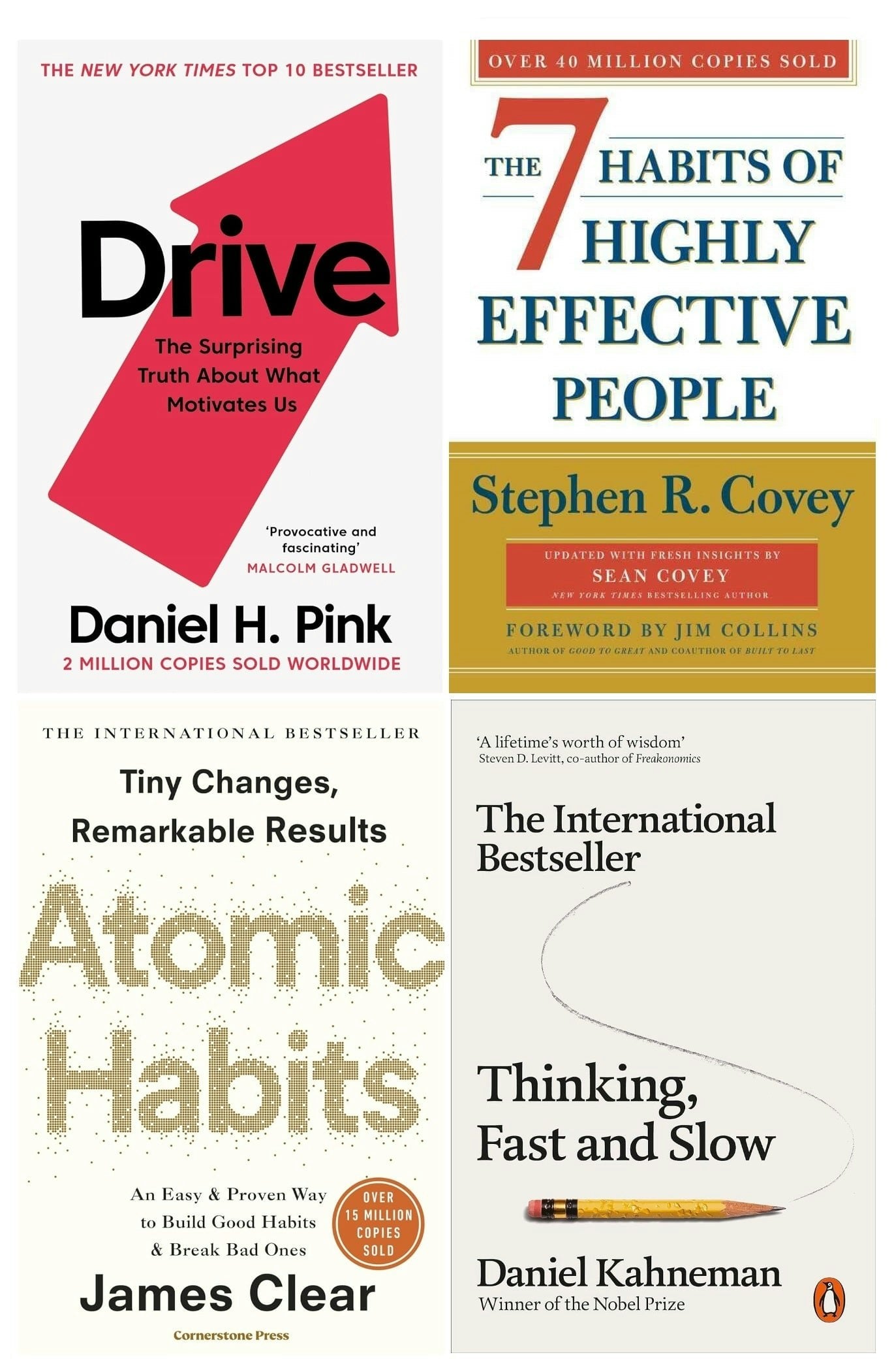 Various Publishers Pink Thinking Fast And Slow, Drive, Atomic Habits And 7 Habits Of Highly Effective People 4 Books Set