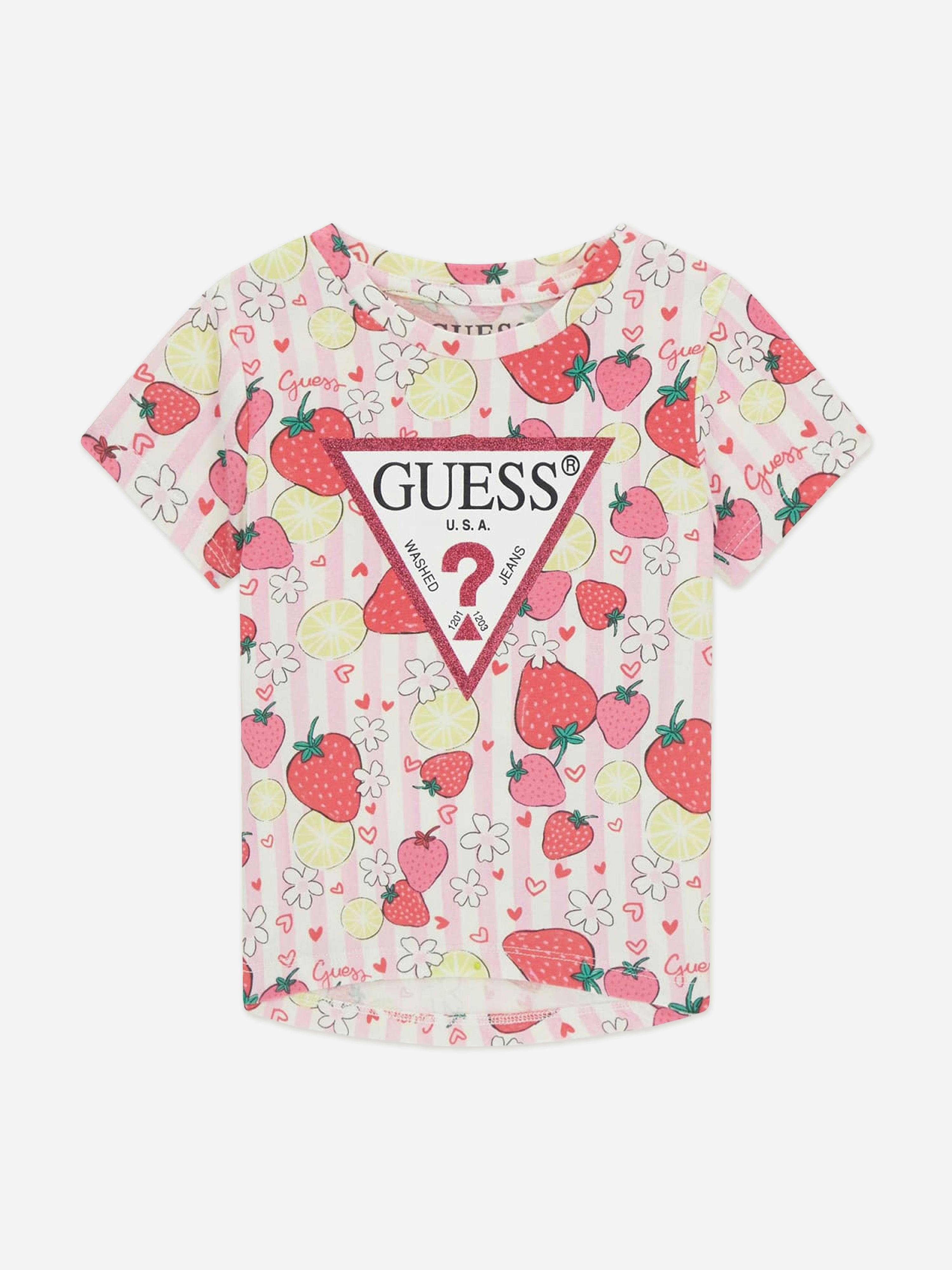 Guess Girls Pink Strawberry Logo T-Shirt In - 5 Yrs
