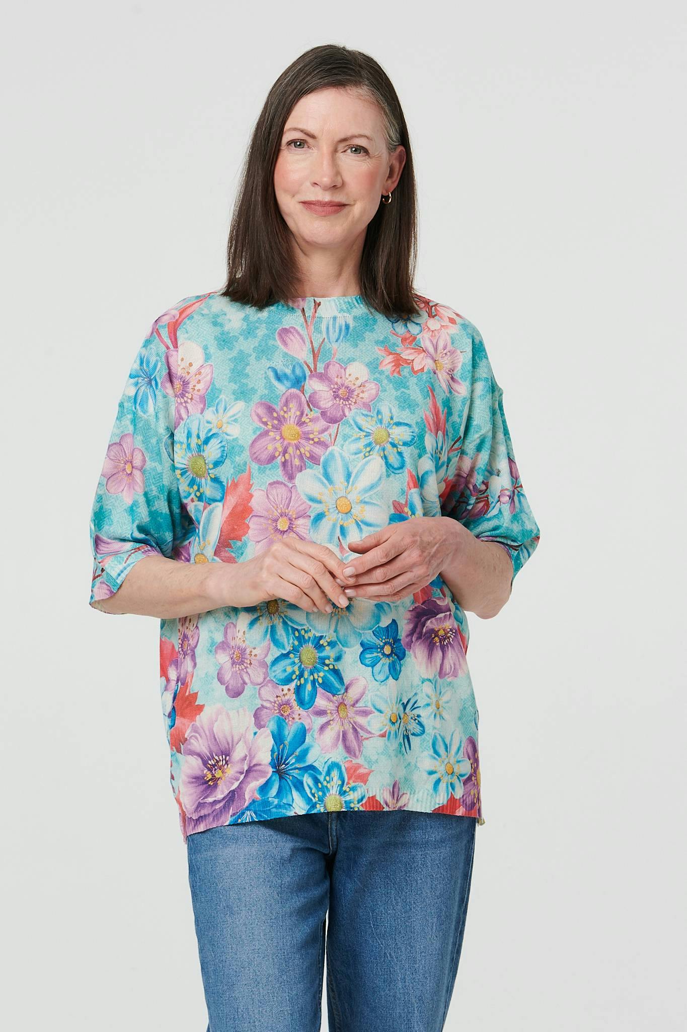Izabel London Green Floral 1/2 Sleeve Relaxed Knit Top - M/L