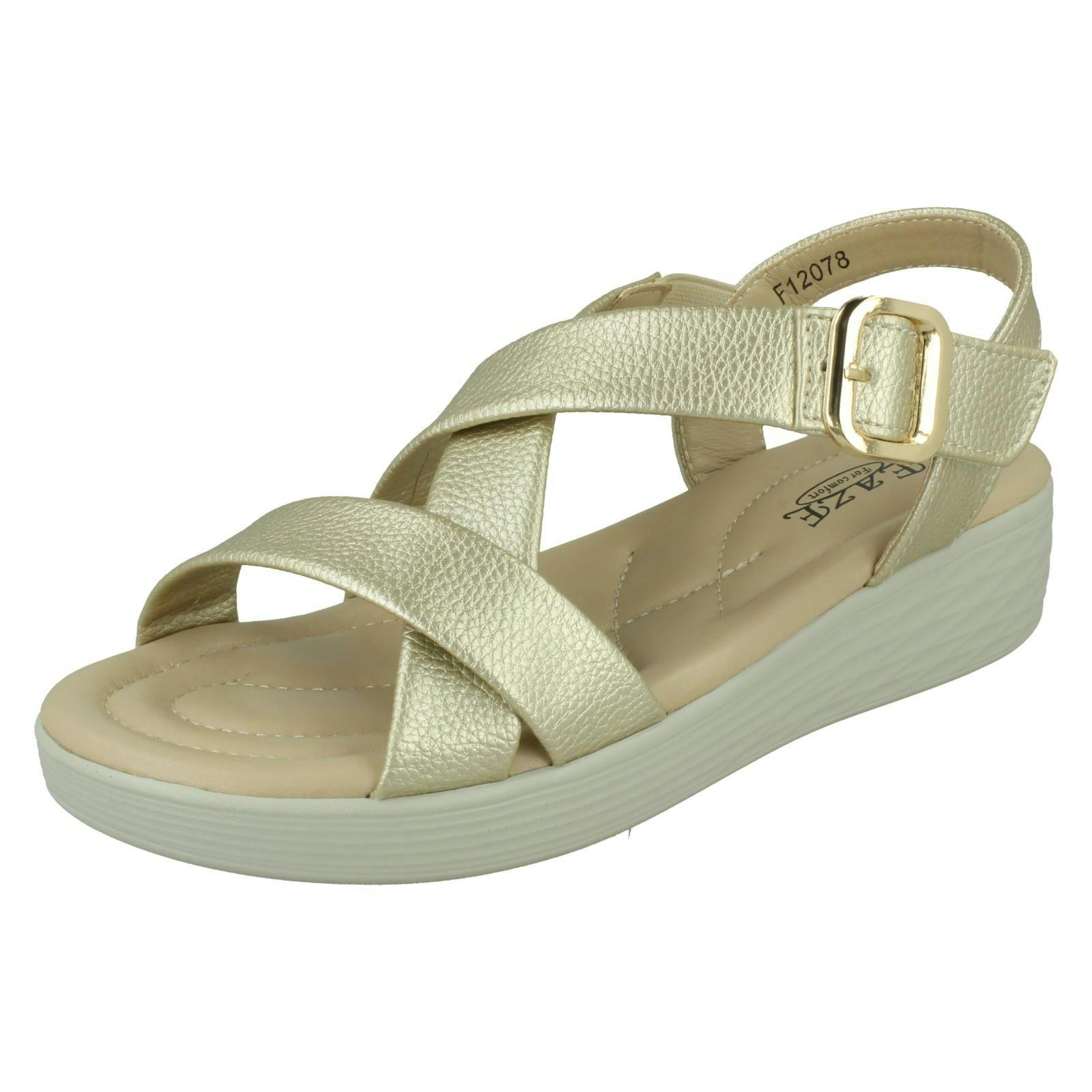 Eaze Women's Gold Low Wedge Cross Strap Sandal With Buckle F12078 - Uk 4
