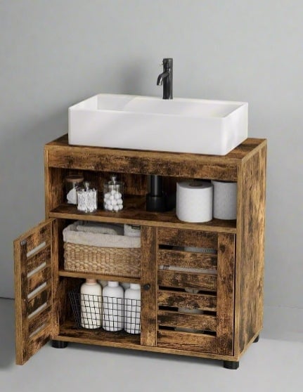 Modcraft Brown Under Sink Bathroom Cabinet, Rustic Storage Unit With Adjustable Shelf And Louvred Doors