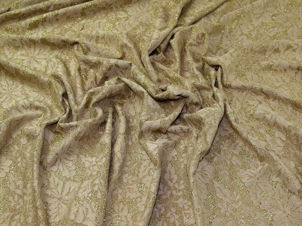 Minerva Gold Core Range Deadstock Glitter Satin Lace Fabric - Flowers Design Dressmaking Fabric, 142 Cm / 56" Wide - Per Metre
