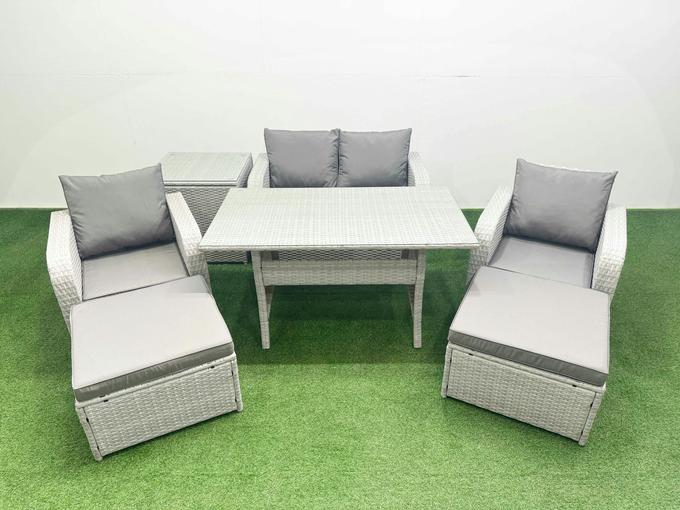 Rackhams Light/Grey Pe Wicker Rattan Garden Furniture Set Sofa Set Reclining Chair Rectangular Dining Table 6 Seater 2 Big Stools Side Table