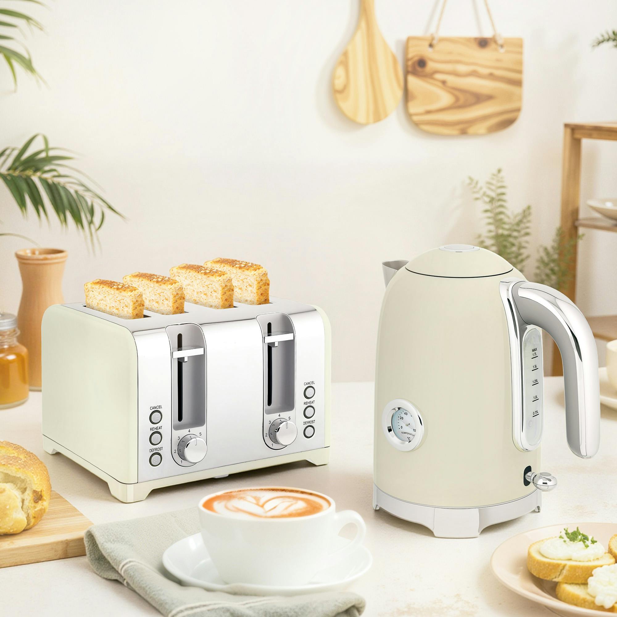 Homcom Black/Grey 3000W 1.7L Kettle With Retro Thermometer, 4 Slice Toaster Set,