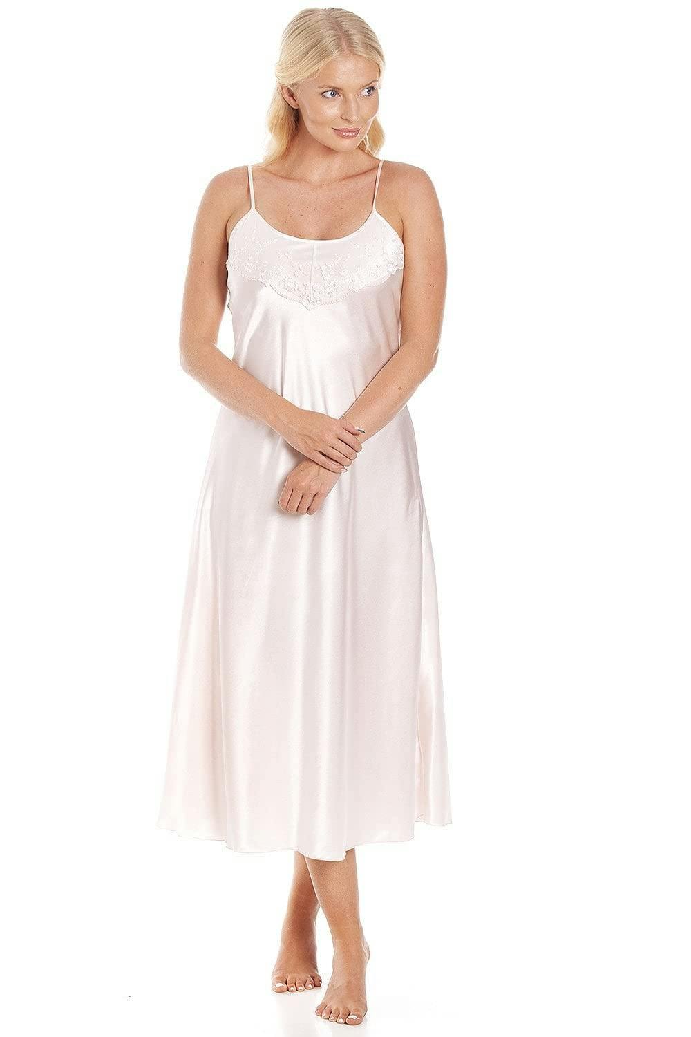 Camille Women's Peach Long Thin Strap Satin Chemises - 14-16