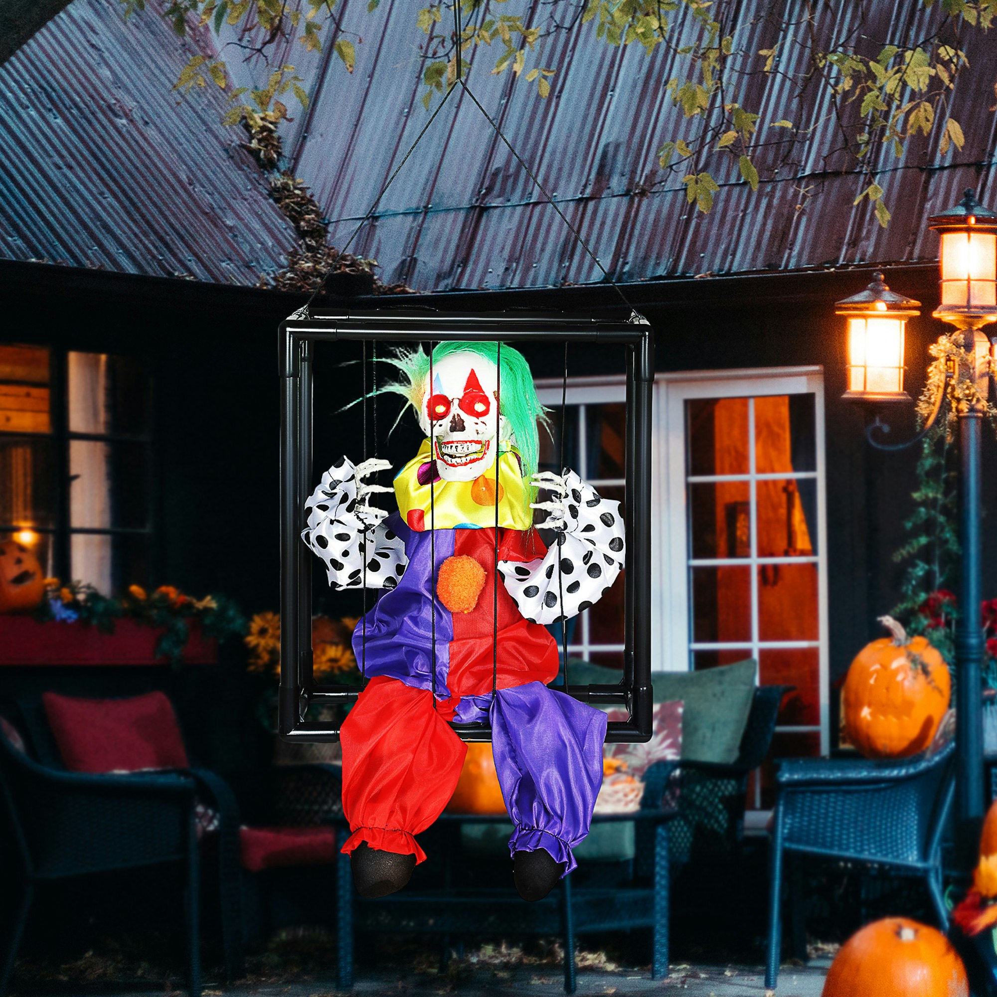 Rackhams Light Voice Activated Animatronics Hinging Clown In Cage Halloween Decoration 30 X 26Cm - 26L X Size 15W X 30H Cm