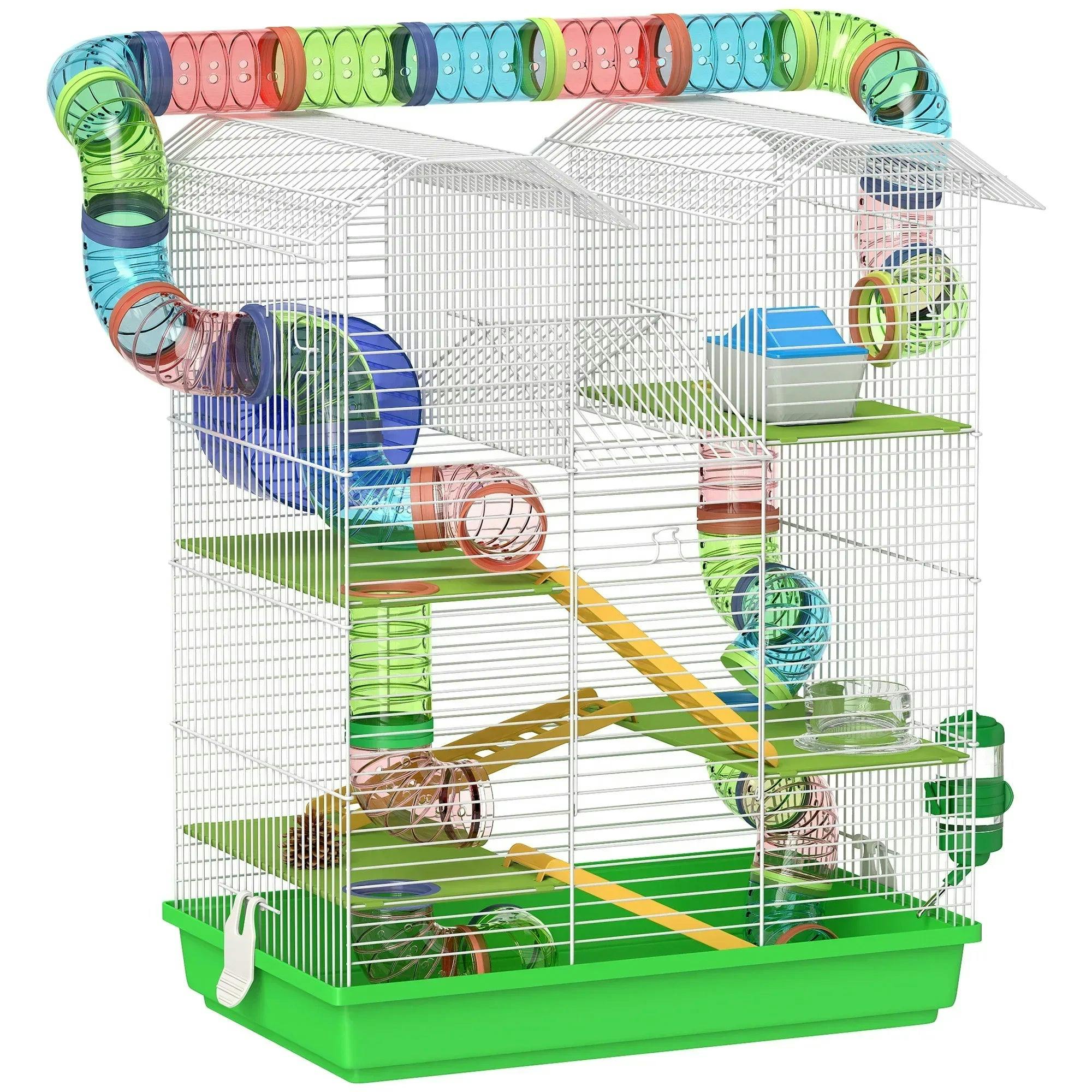 PawHut Hamster Cage 5 Tier Carrier Habitat for Dwarf Mice, Green | Exercise Wheels Tunnel Tube Water Bottle, Dishes, House, Ladder, Gerbil Cage - Image 5