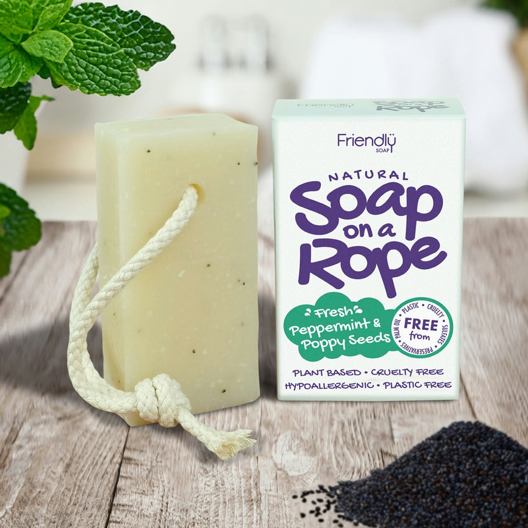 Friendly Soap - Natural Soap On A Rope - 'Fresh' Peppermint & Poppyseeds - 125G - 125G - Natural Handmade Soap On A Rope - 1