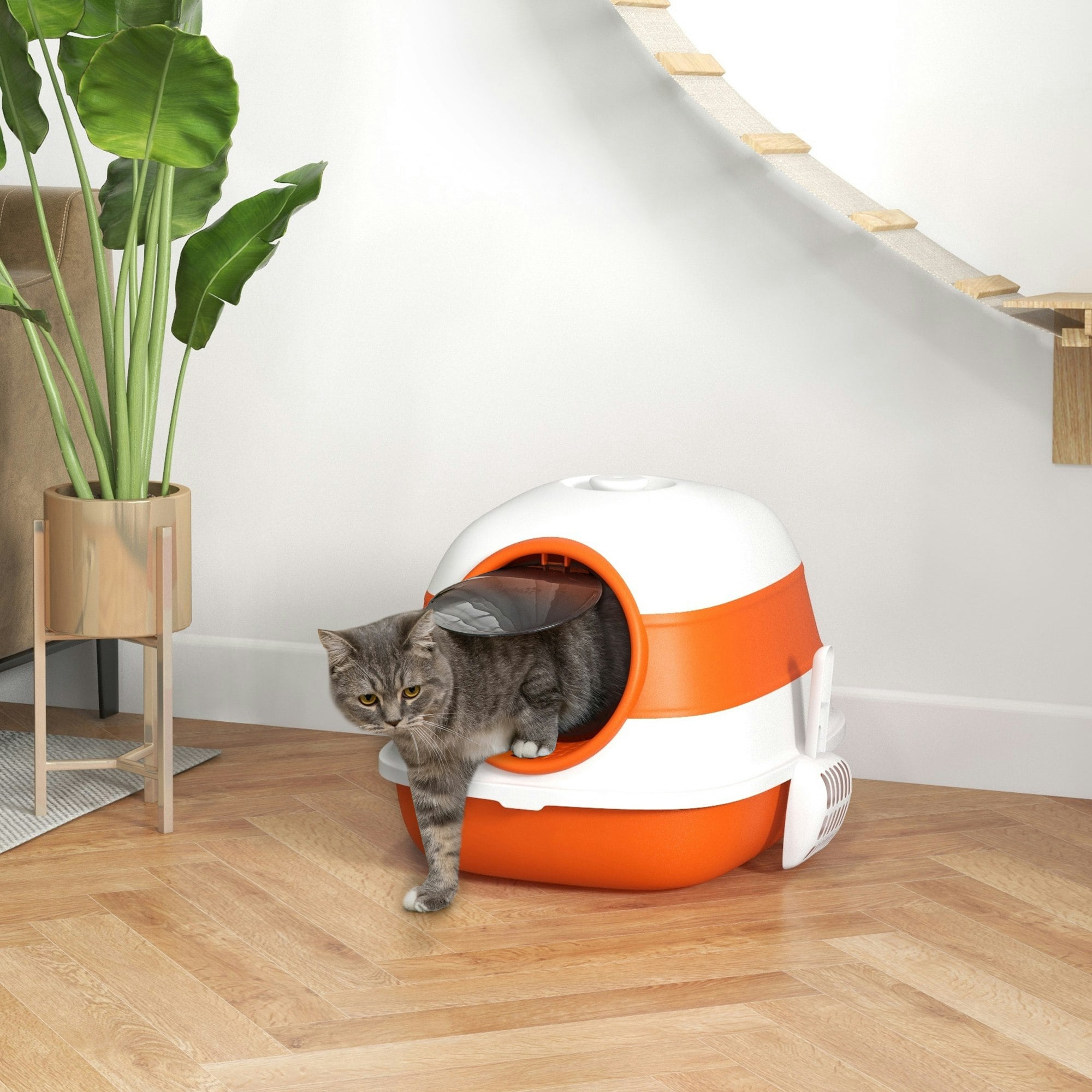 Pawhut Orange Foldable Cat Litter Tray Hooded Cat Litter Box W/ High Side,