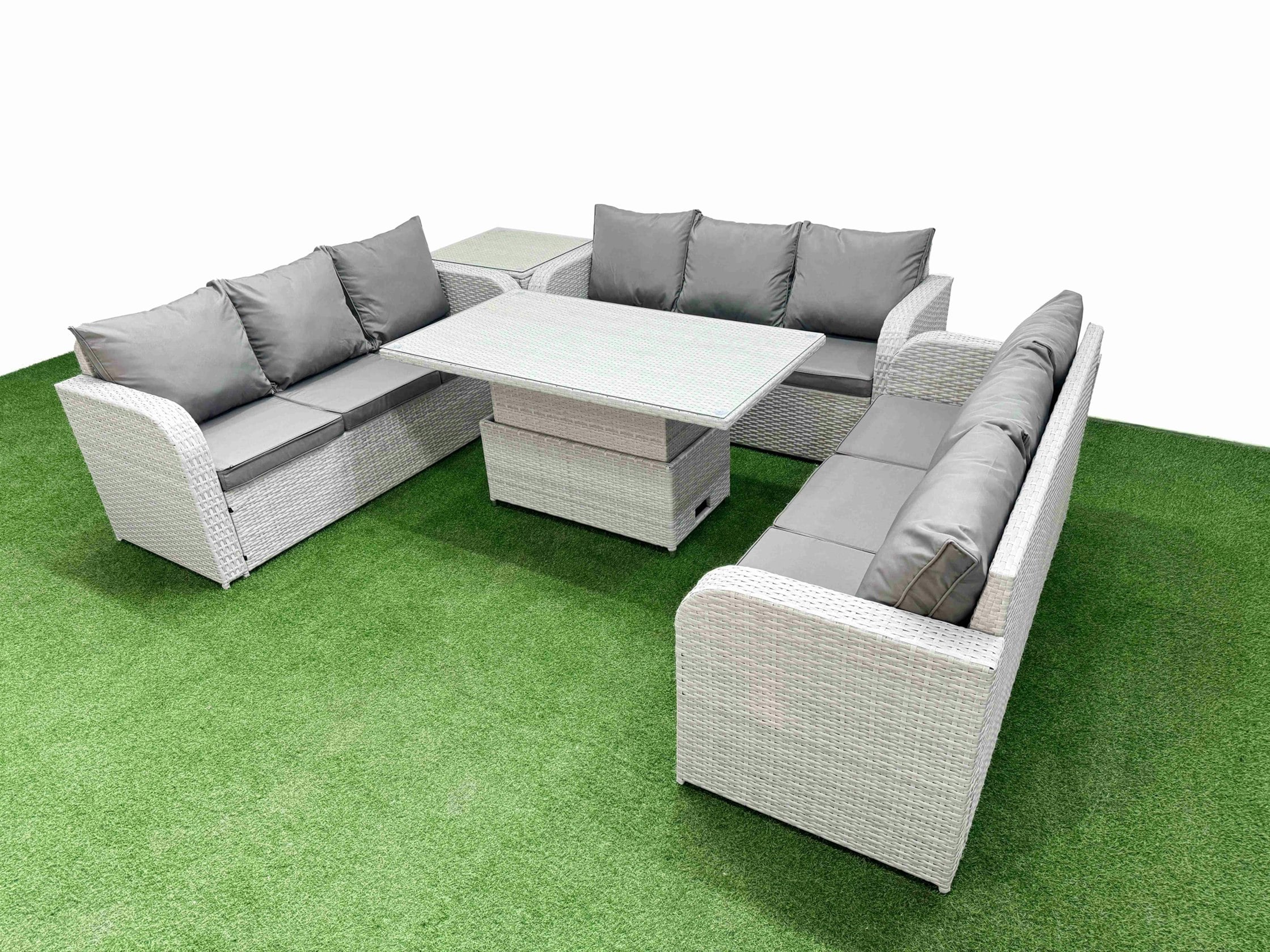 Fimous Light/Grey 9 Seater Pe Rattan Outdoor Lounge Set - Adjustable Lifting Dining/Coffee Table, 3-Seater Sofa & Side Table