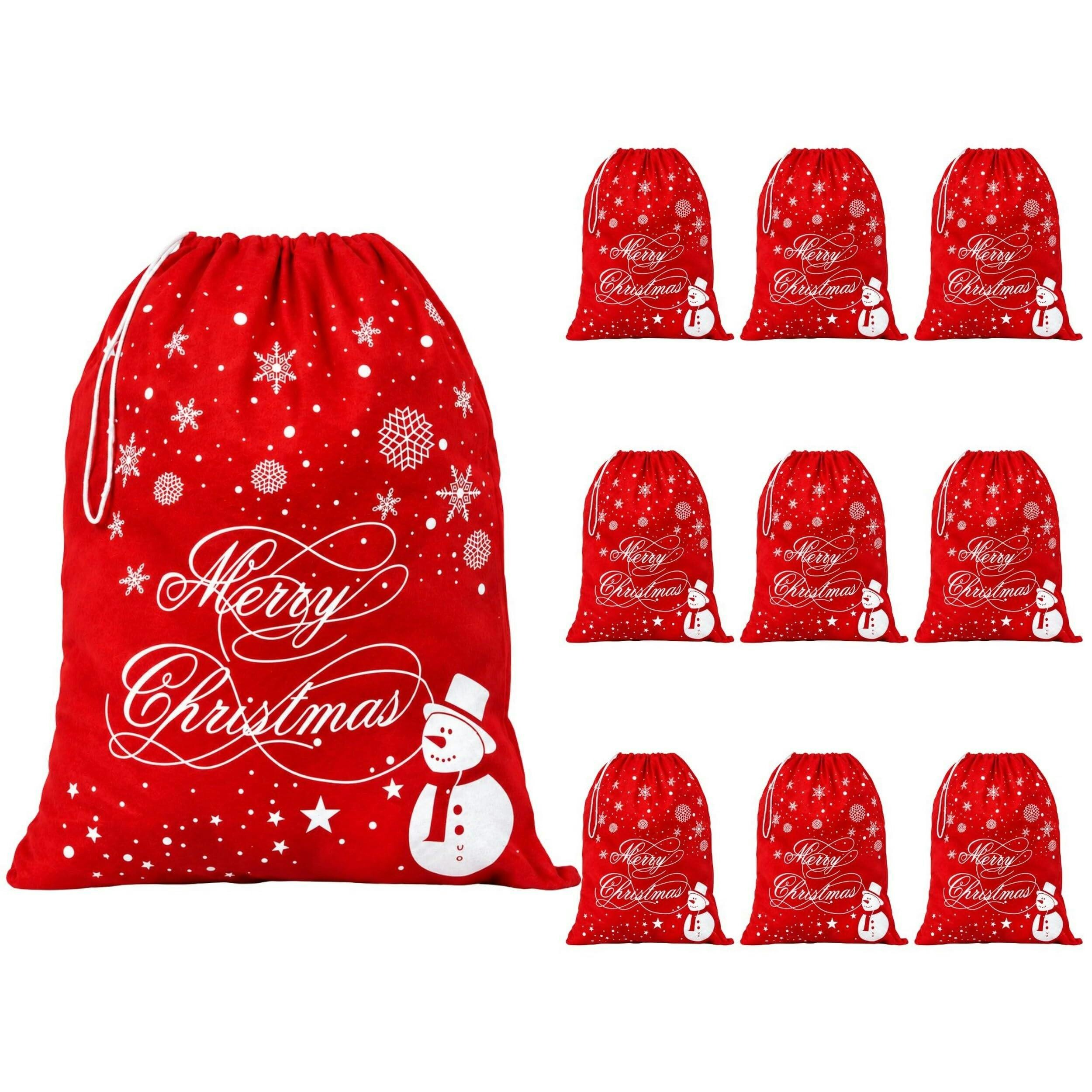10Pcs Santa Sack Red Felt Christmas Gift Bags Snowman Drawstring, 60x50cm | Red Felt with Snowman and Snowflake Print, Merry Christmas Lettering, Drawstring Top for Xmas Presents and Gift Wrapping - Image 2