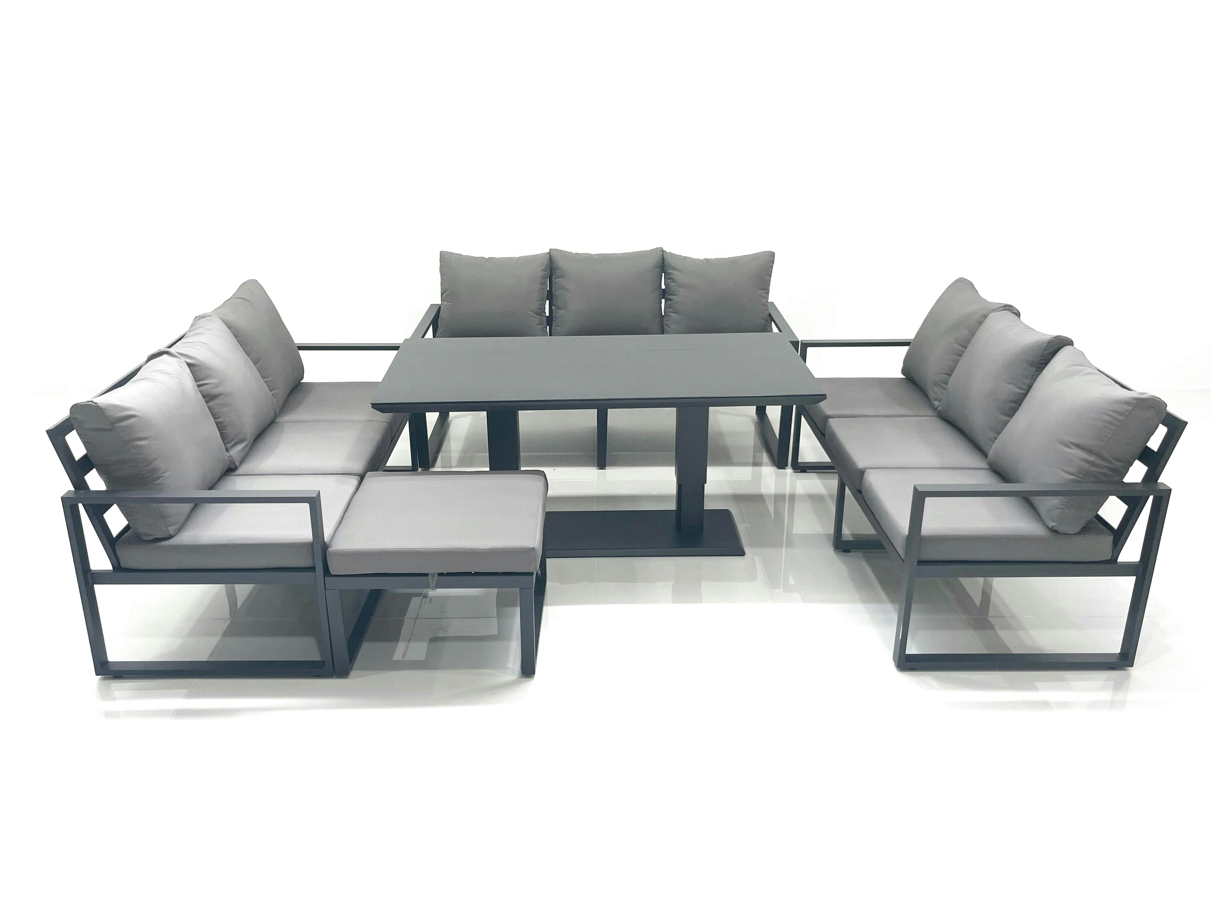Rackhams Dark/Grey 10 Seater Garden Sofa Set Aluminium Furniture Rising Dining Tabe Set With Big Footstool