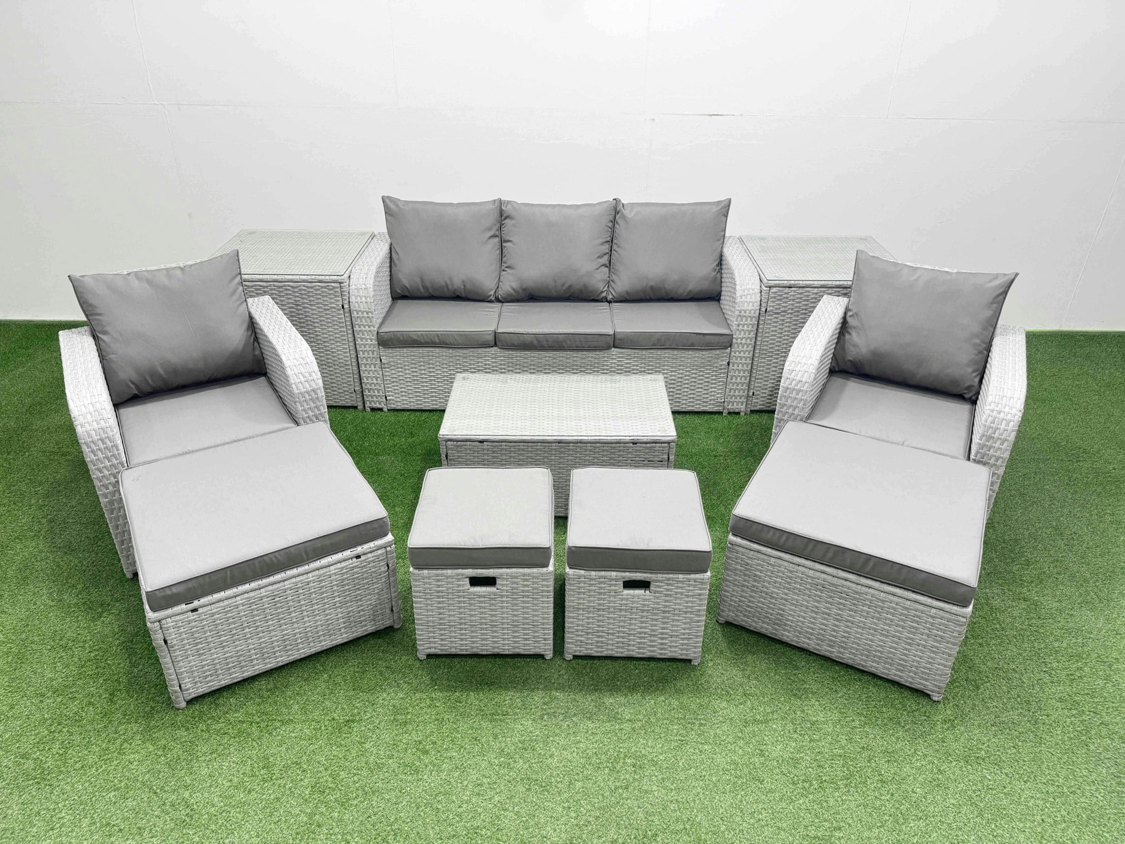 Fimous Light/Grey 10 Pcs Rectangular Coffee Table Set Reclining Chair Inclining Sofa Seat 2 Big Footstool 2 Small Stool 2 Side Table