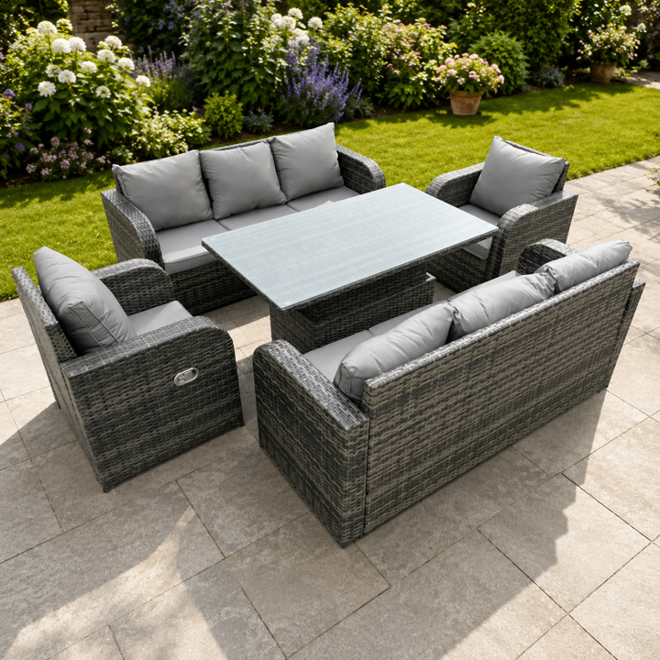Fimous Dark/Grey 8 Seater Pe Rattan Outdoor Garden Furniture Sets Height Adjustable Rising Lifting Diningtable Sofa Set With Reclining Chair Mixed