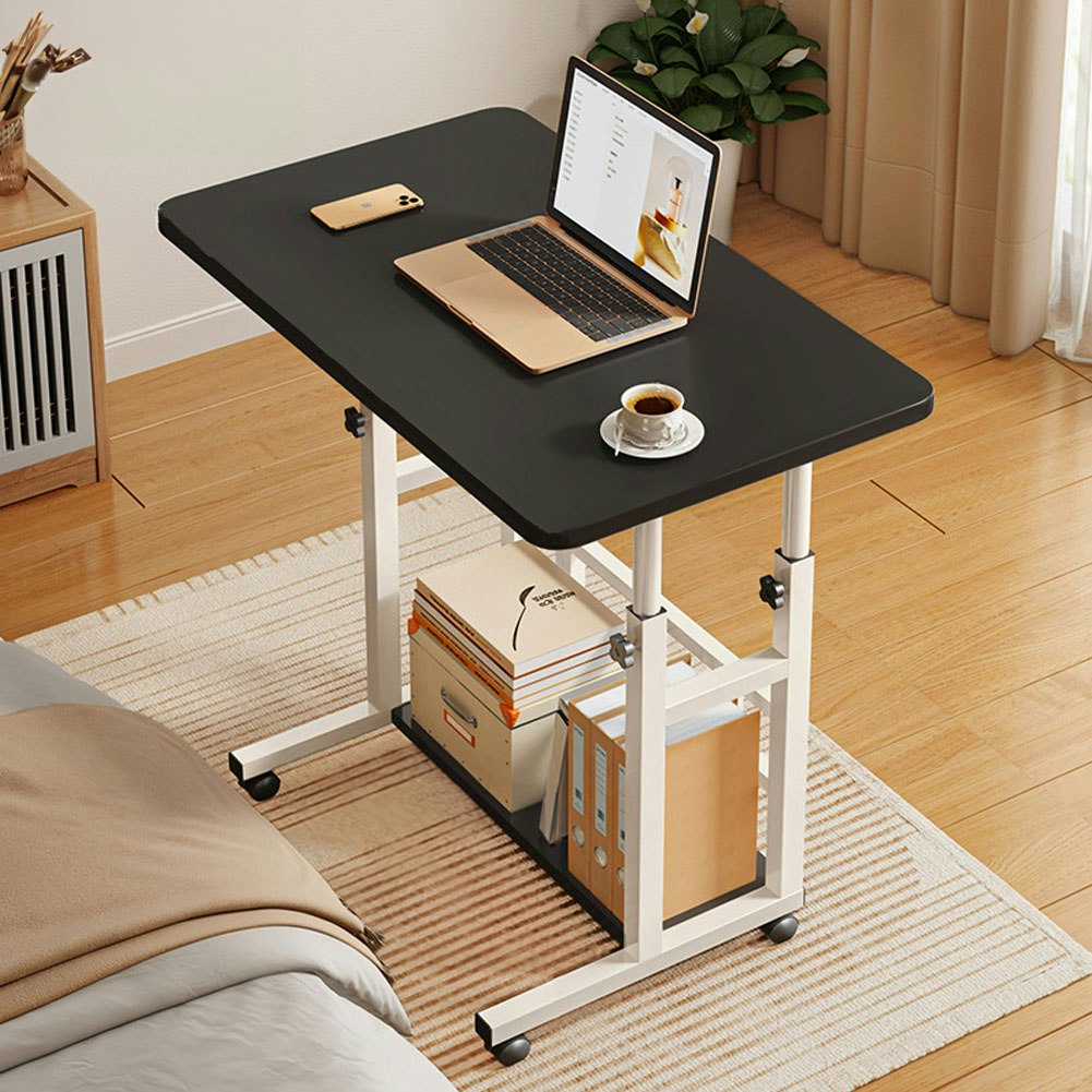 Rackhams Black 2-Tier Height Adjustable Mobile Table Overbed Desk With Shelves Wheels