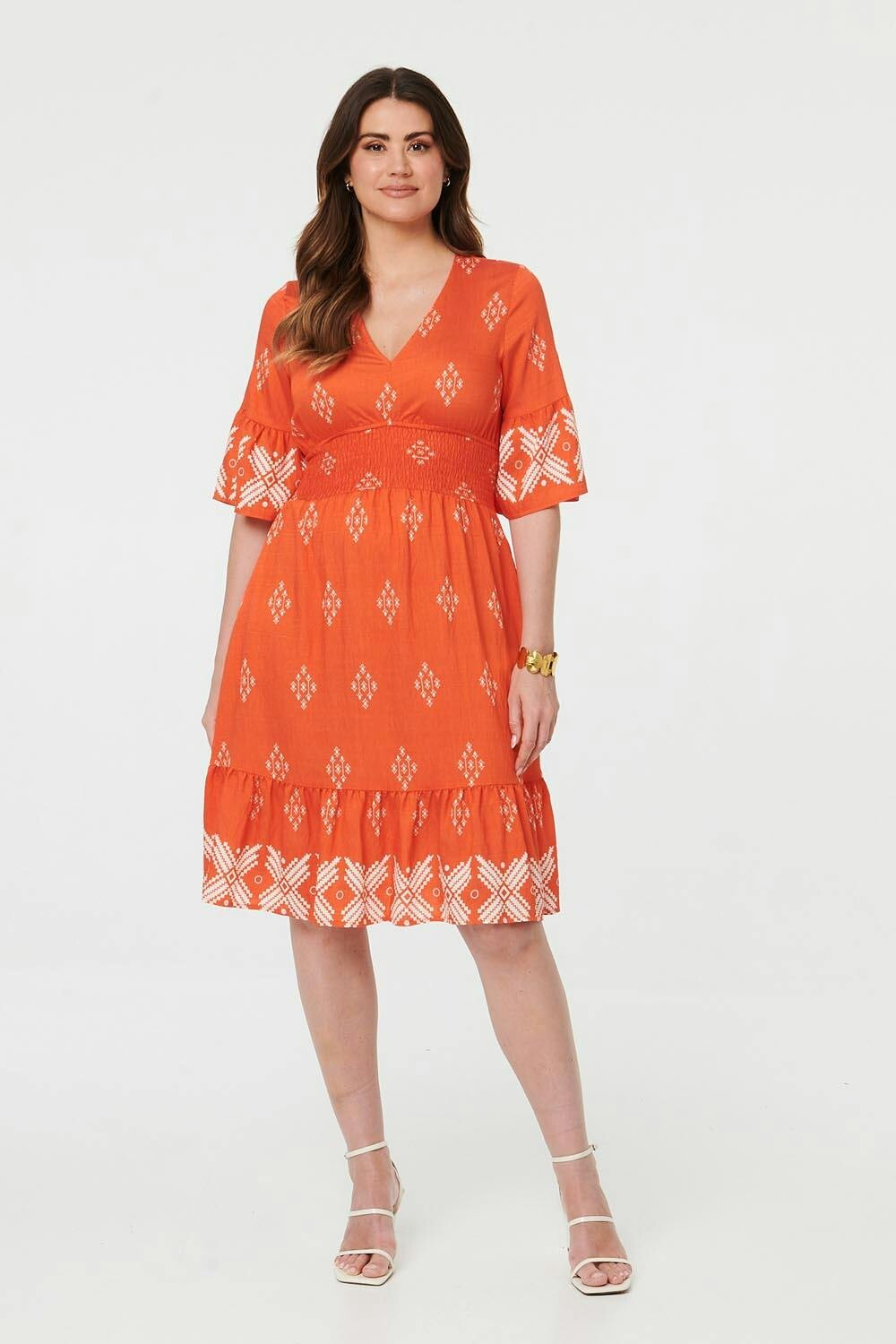 Izabel London Orange Border Print Relaxed Knee Length Dress - 8