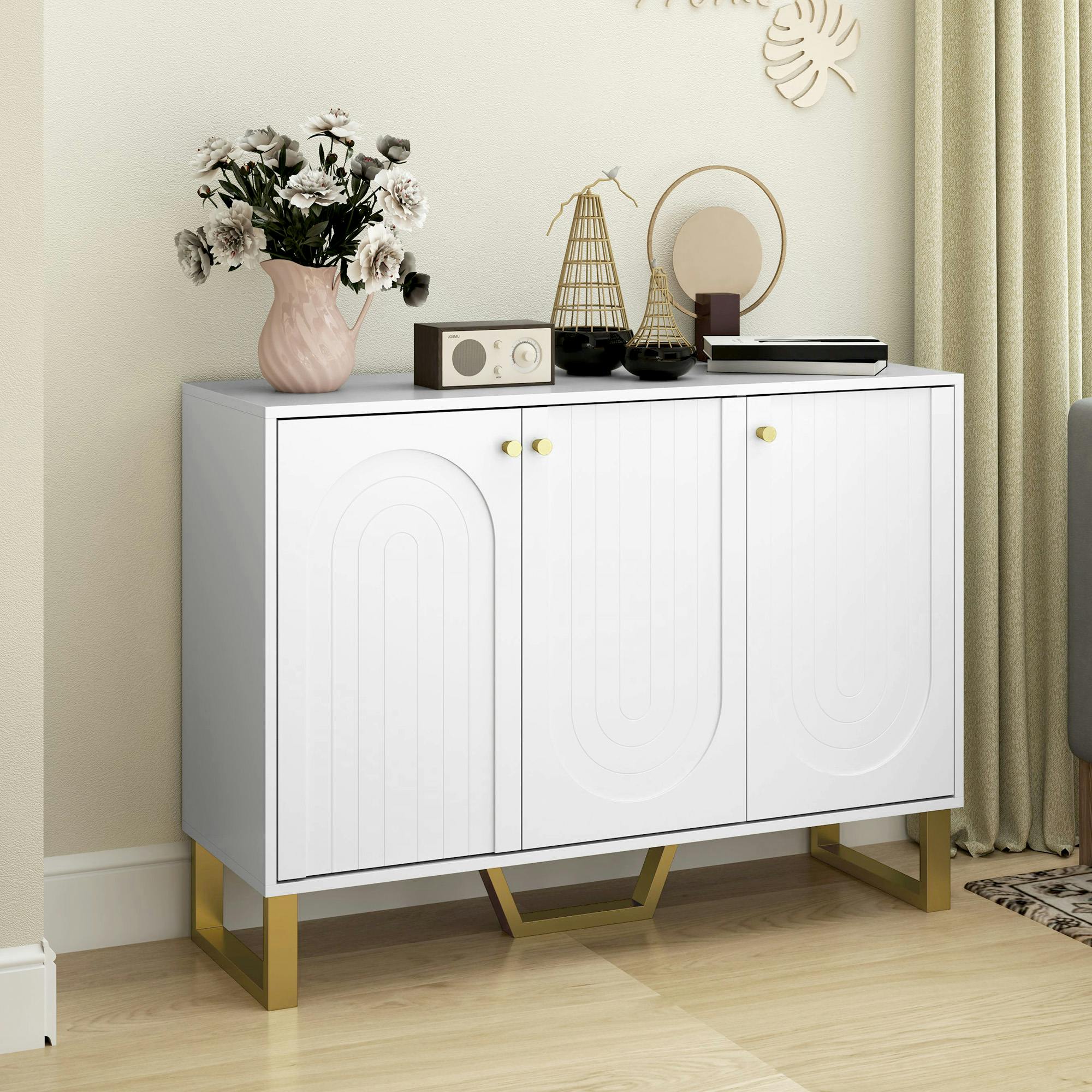 Homcom White Sideboard With Adjustable Shelves & 3 Doors For Living Room, - Gold Accents - Sideboard
