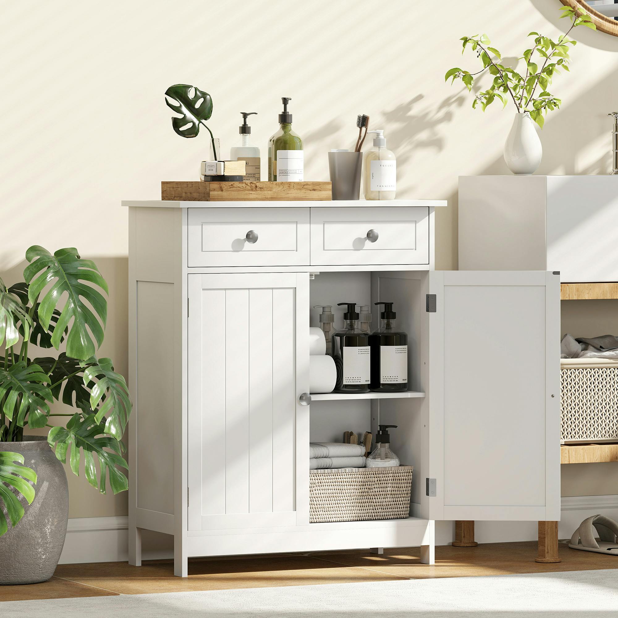 Rackhams Grey/White Bathroom Floor Storage Cabinet W/ 2 Drawers Door Cupboard - Image 4
