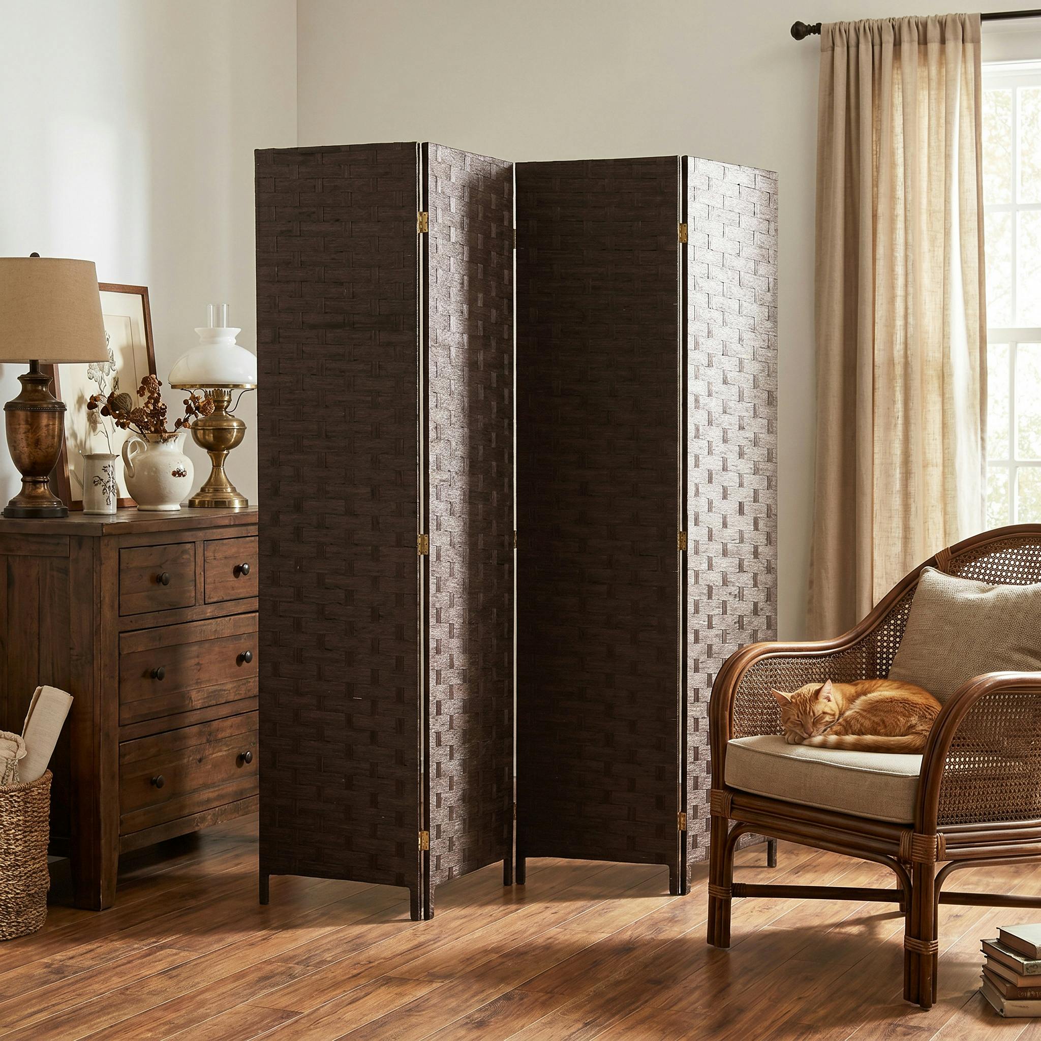 Rackhams Dark/Brown 4 Panel Folding Room Divider, Privacy Screen With Panels,