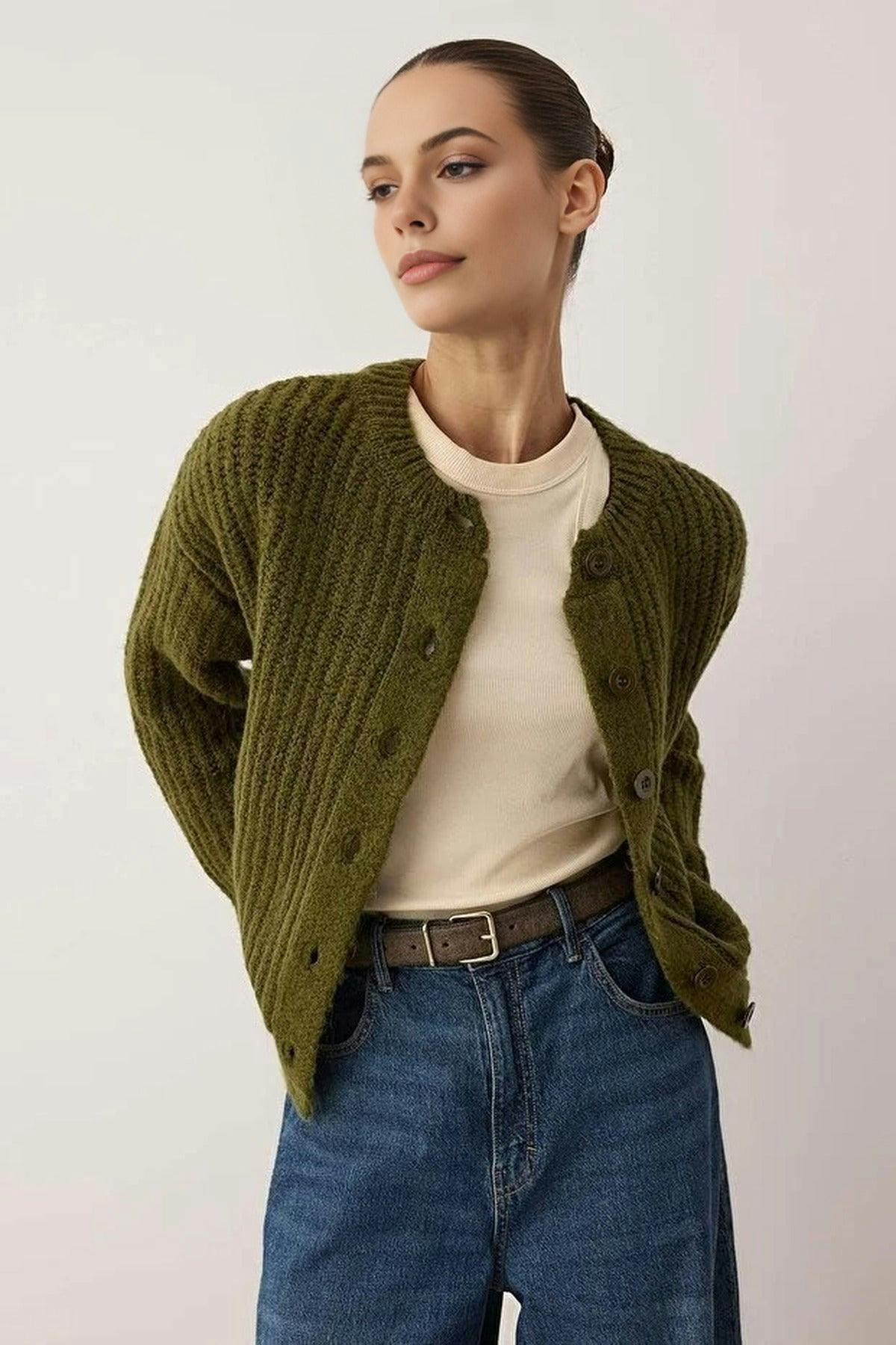 Wovcor Soft-Textured Basic Knit Cardigan - Khaki - M