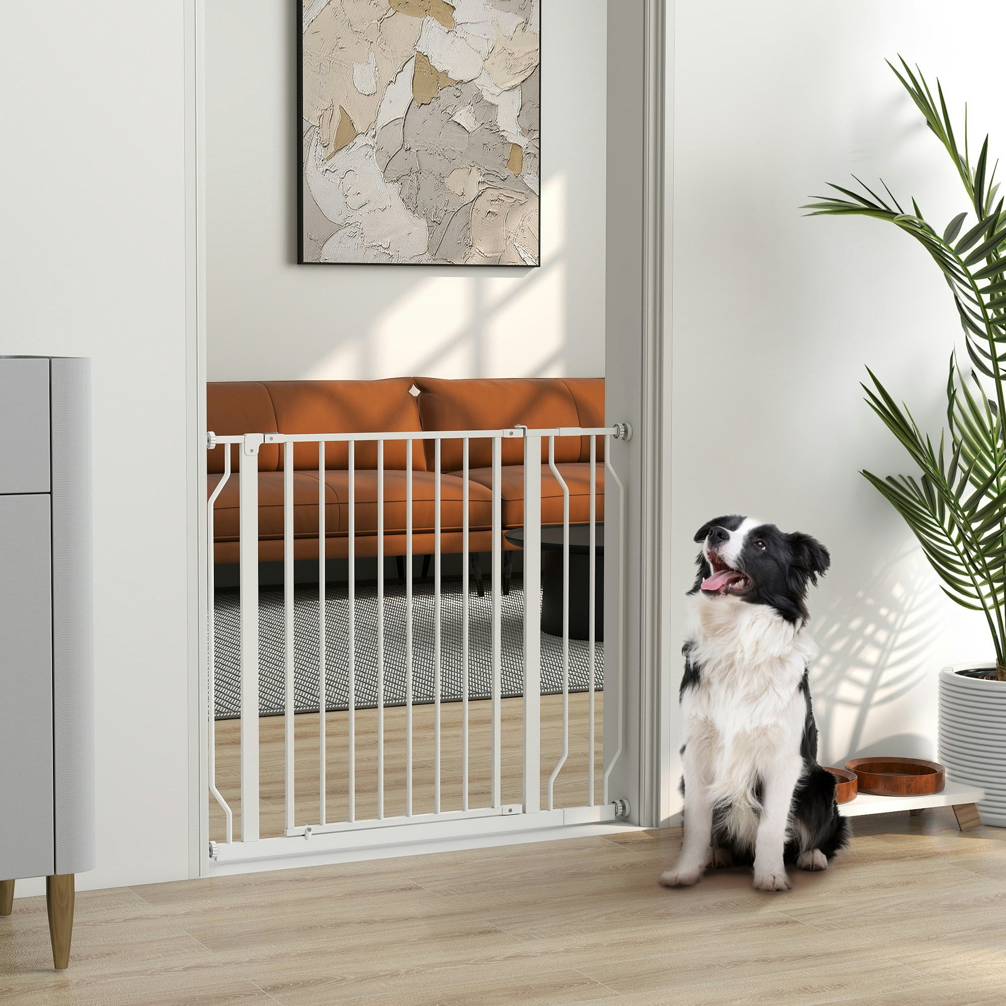 Pawhut Dog Gate Wide Stair Gate W/ Door Pressure Fit, 75-95W Cm, White - Image 4