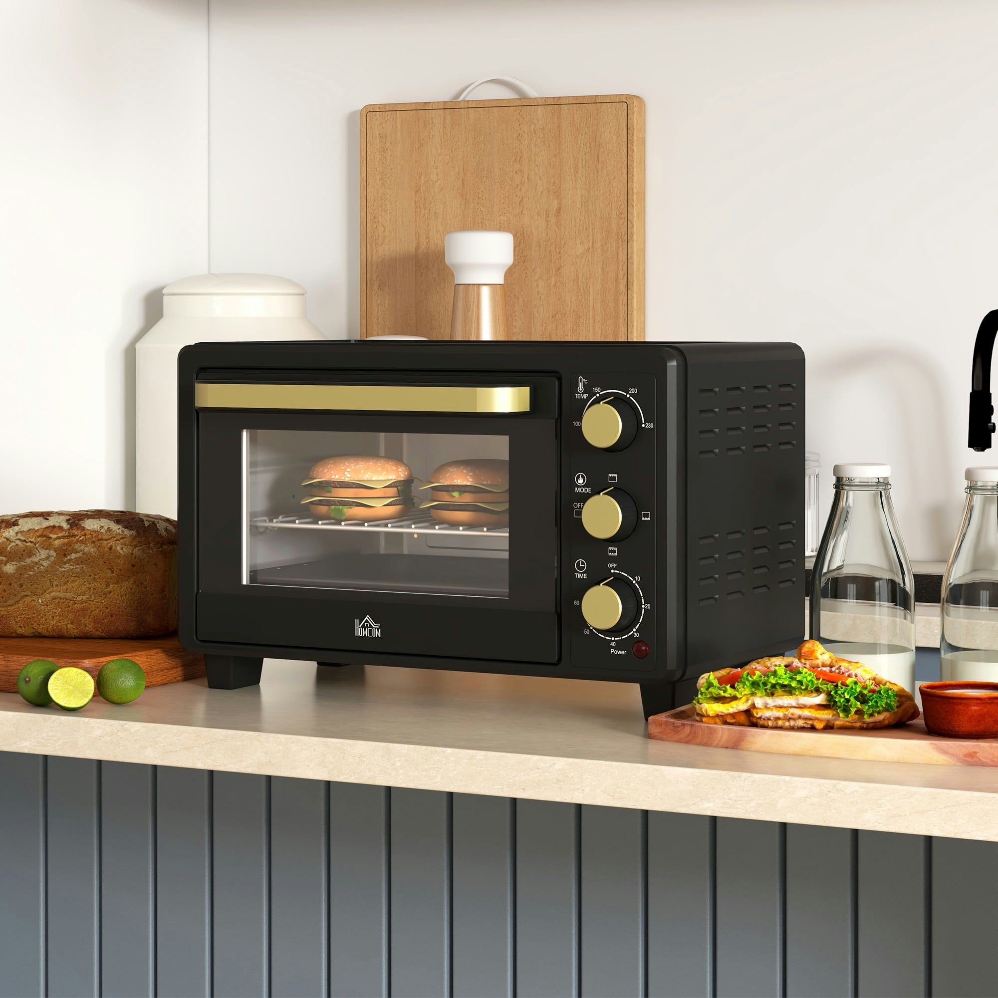 Homcom Black Mini Oven 16L Countertop Oven W/ Adjustable Temp Timer 1400W