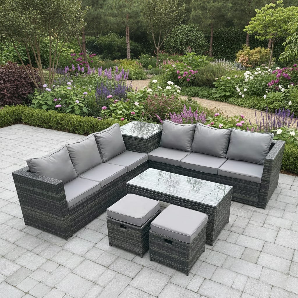 Rackhams Dark/Grey 8 Seater Rattan Corner Sofa Set With Square Side Table, Coffee Table & 2 Stools