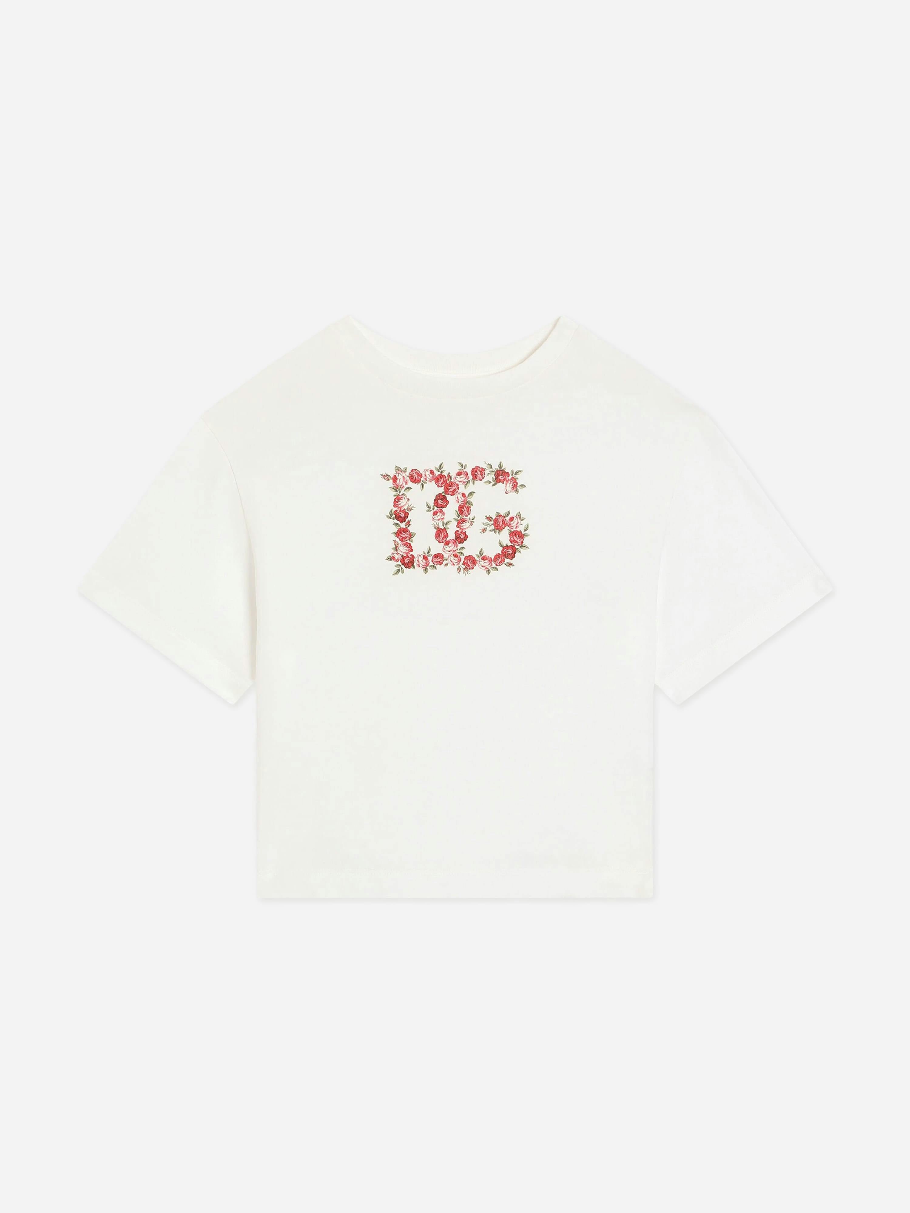 Dolce & Gabbana Kids Girls White Dolce & Gabbana Floral Dg Logo T-Shirt In - 14 Yrs