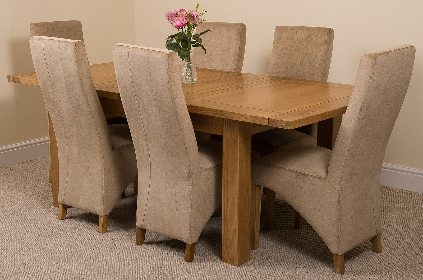 Rackhams Beige Seattle Oak Extending Dining Table With Lola Fabric Chairs - 6 Chairs